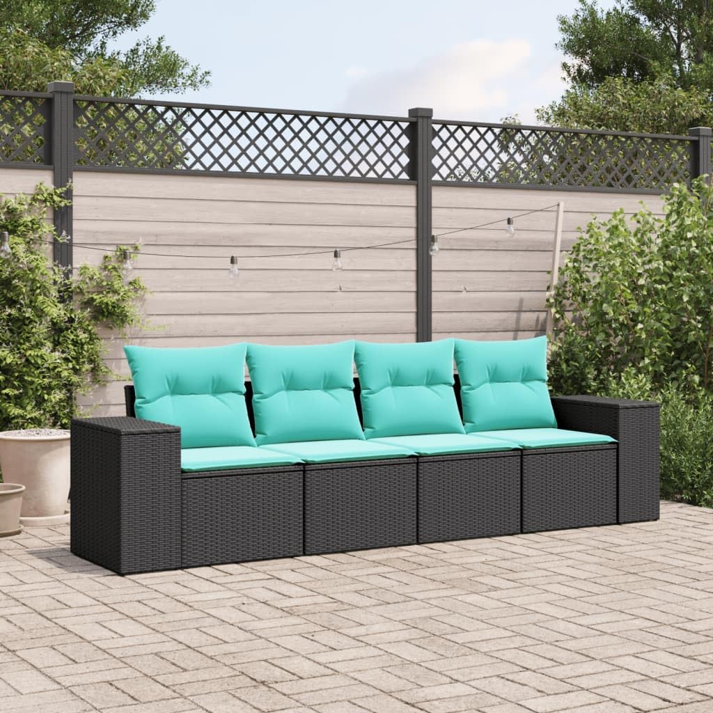 vidaXL Patio Sofa Set with Cushions - Black Poly Rattan - Outdoor, Garden, Deck, Terrace - UV-Resistant, Modular Design - 4-Piece Furniture, Comfortable Storage Function, Blue Washable Covers