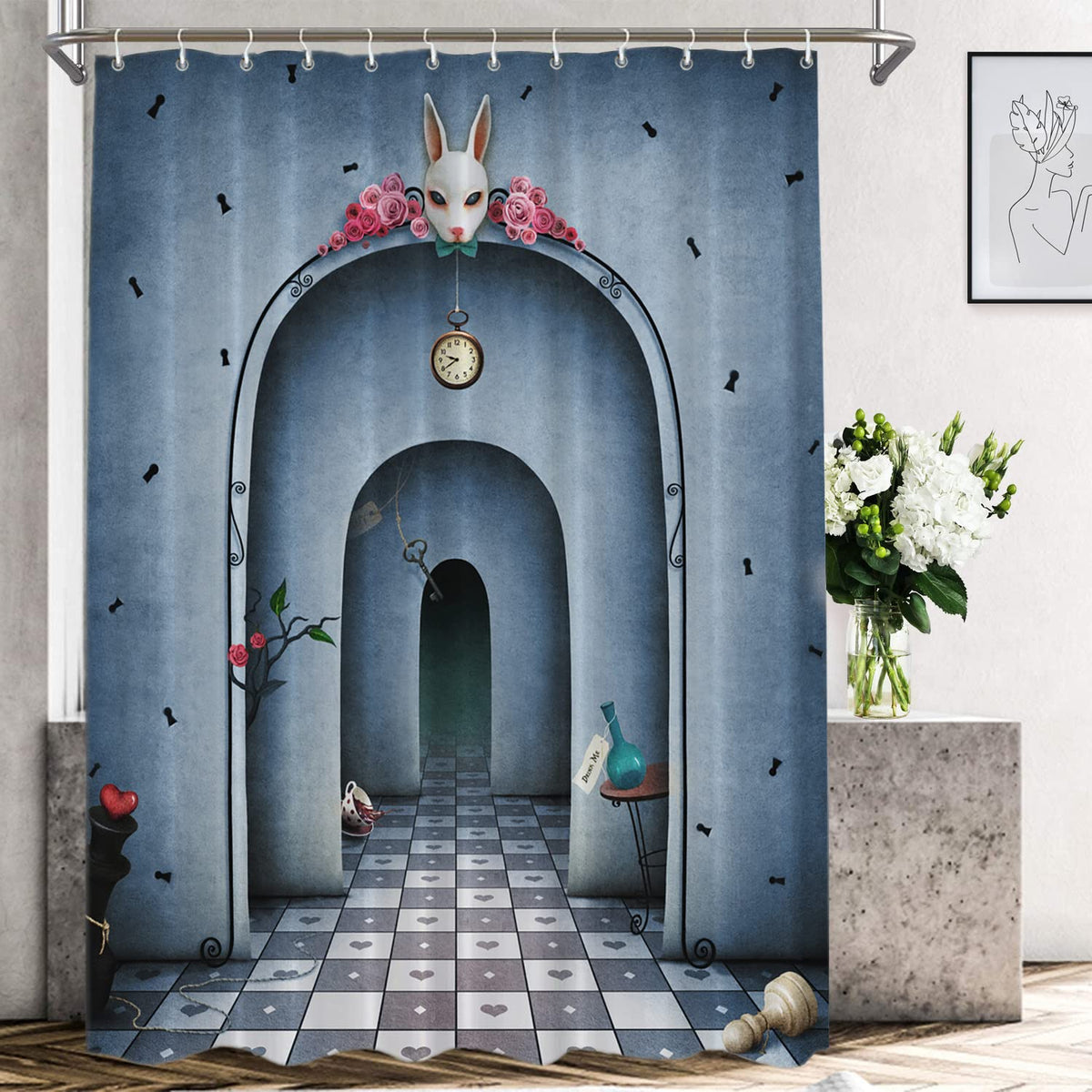 Shrahala Blue Rose Shower Curtain, White Rabbit Time Alice In Wonderland Decor Shower Curtain For Shower Stall Bathroom Waterpro