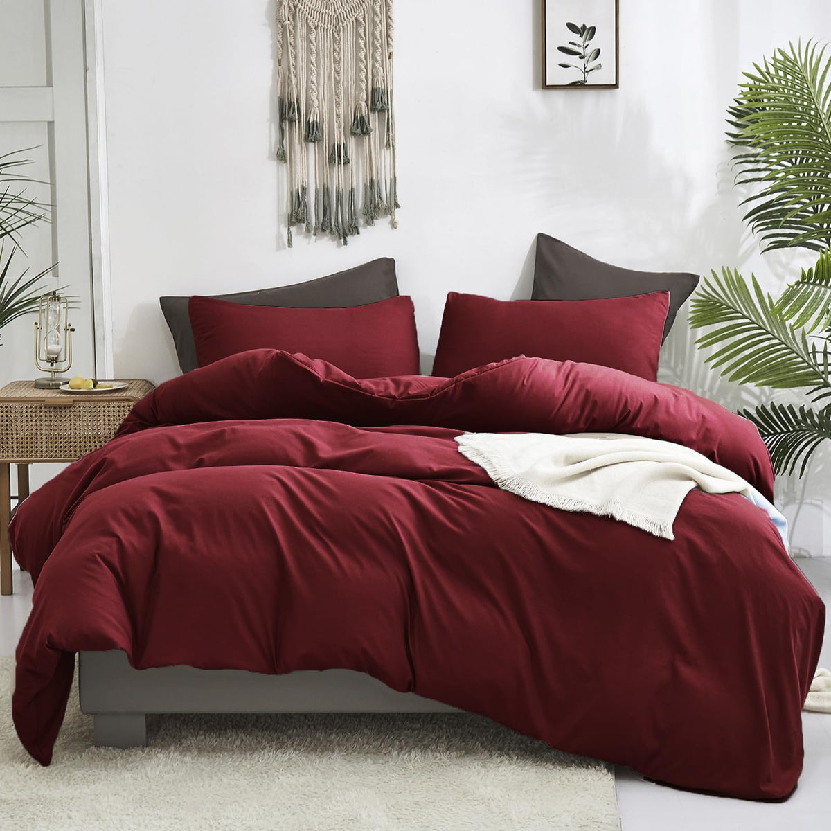 Luxlovery Burgundy Comforter Set Queen Dark Red Bedding Comforter Set Women Claret Wine Red Crimson Blanket Quilts 3 Piece Cotto