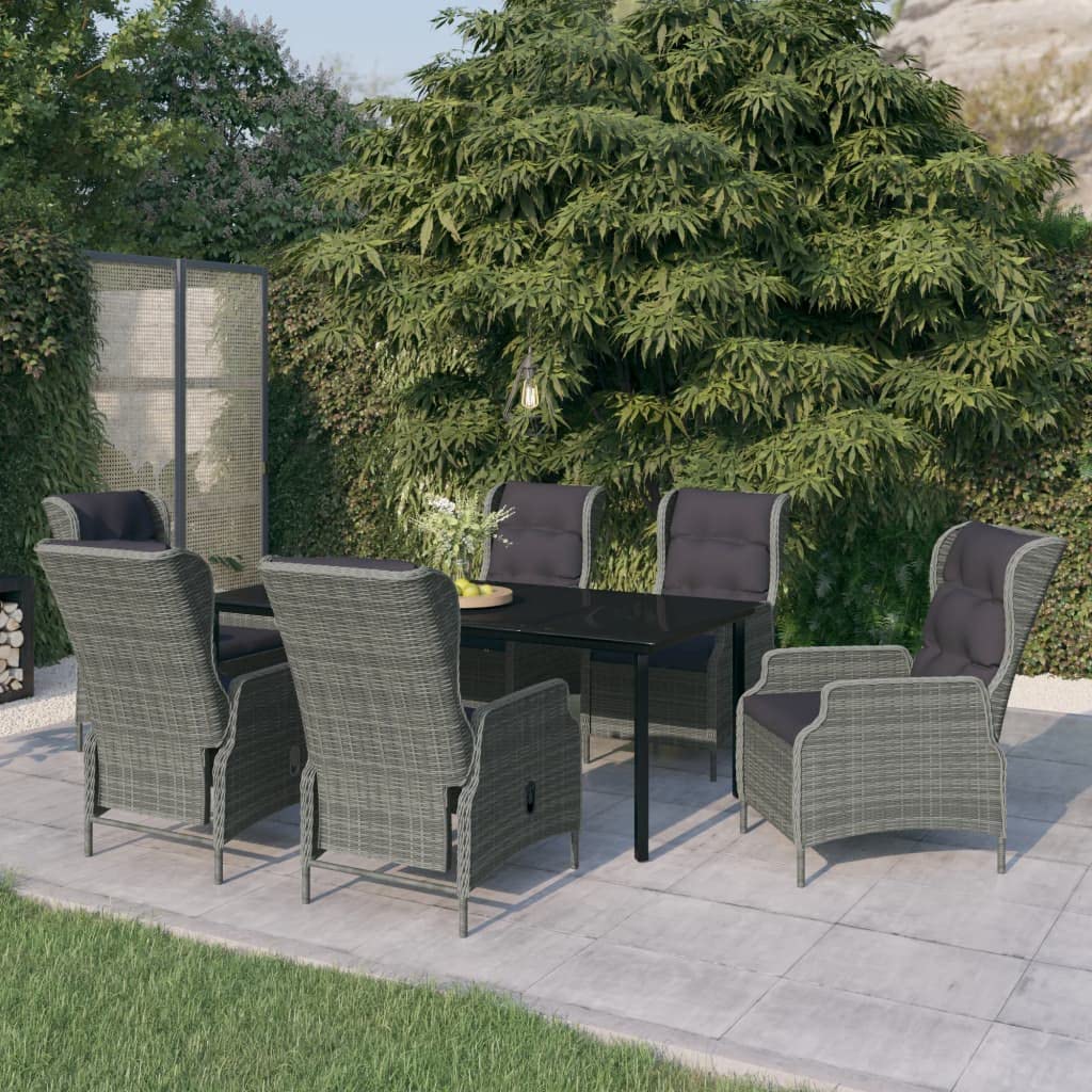 vidaXL Outdoor Patio Dining Set with Adjustable Reclining Chairs & Soft Padded Cushions, PE Rattan & Powder-Coated Steel Frame, Black Table & Light Gray Chair