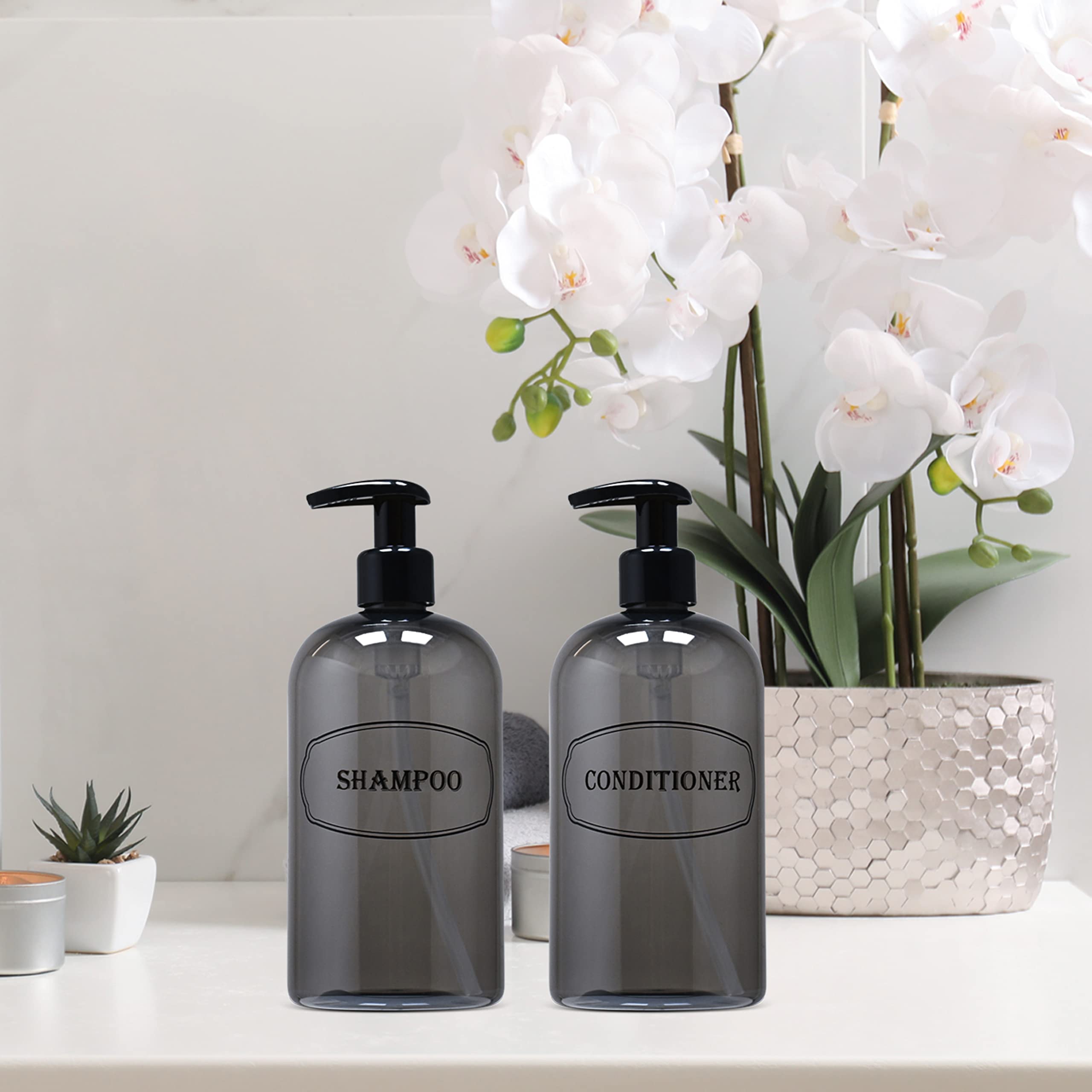 Bottiful Home-16 Oz Gray Shampoo And Conditioner Shower Soap Dispensers-2 Refillable Empty Pet Plastic Pump Bottle Shower Contai