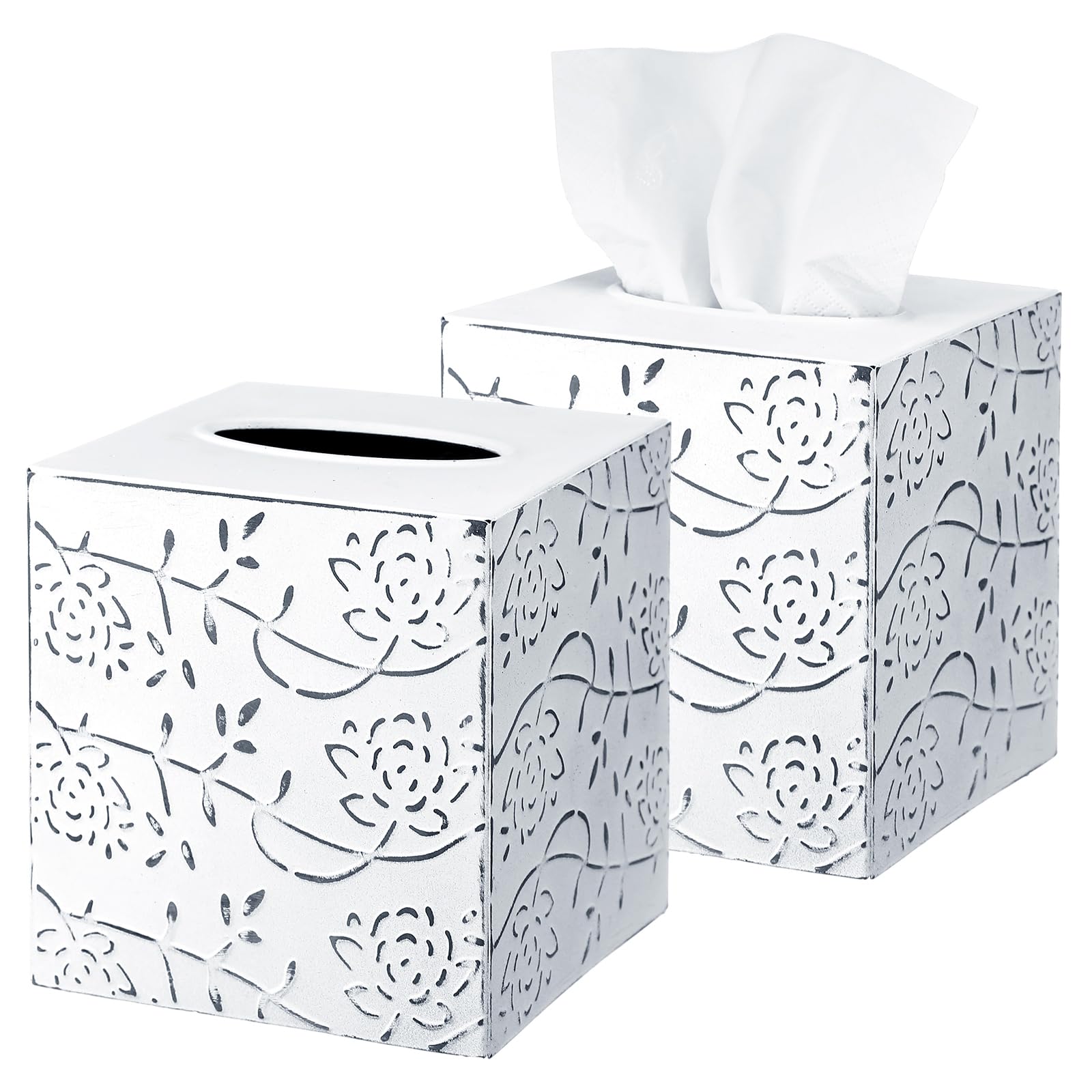 Tioncy 2 Pcs Farmhouse Tissue Box Cover Decorative Tissue Box Holder Square Rustic Metal Holder 3D Raised Rosette Finish Square 