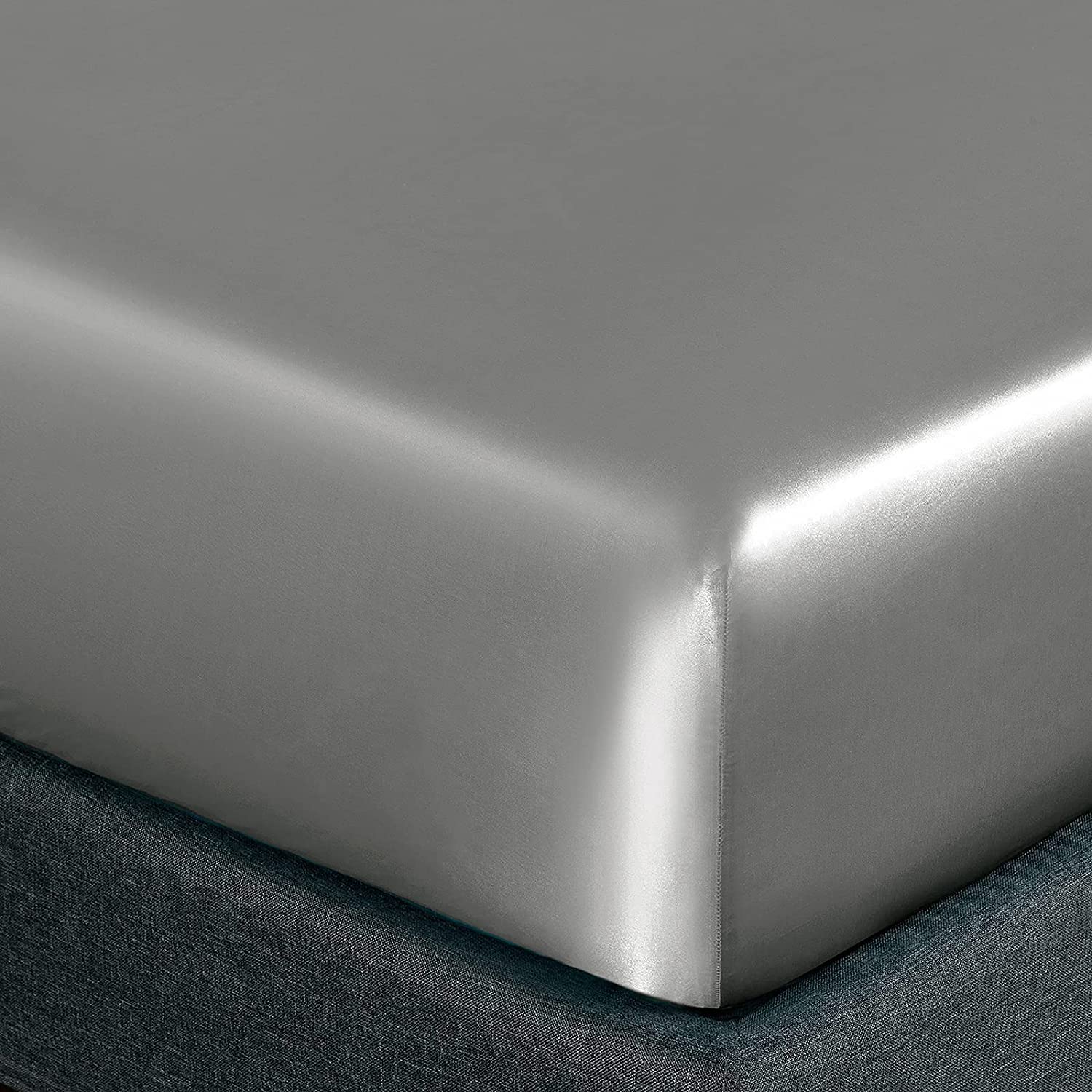 Homiest Light Grey Satin Fitted Sheet King Size Fitted Bed Sheet, Deep Pocket Fitted Sheet Only, Luxury & Ultra Soft Bedding Fitted Sheet Single Bottom Bed Sheets Sold Separately