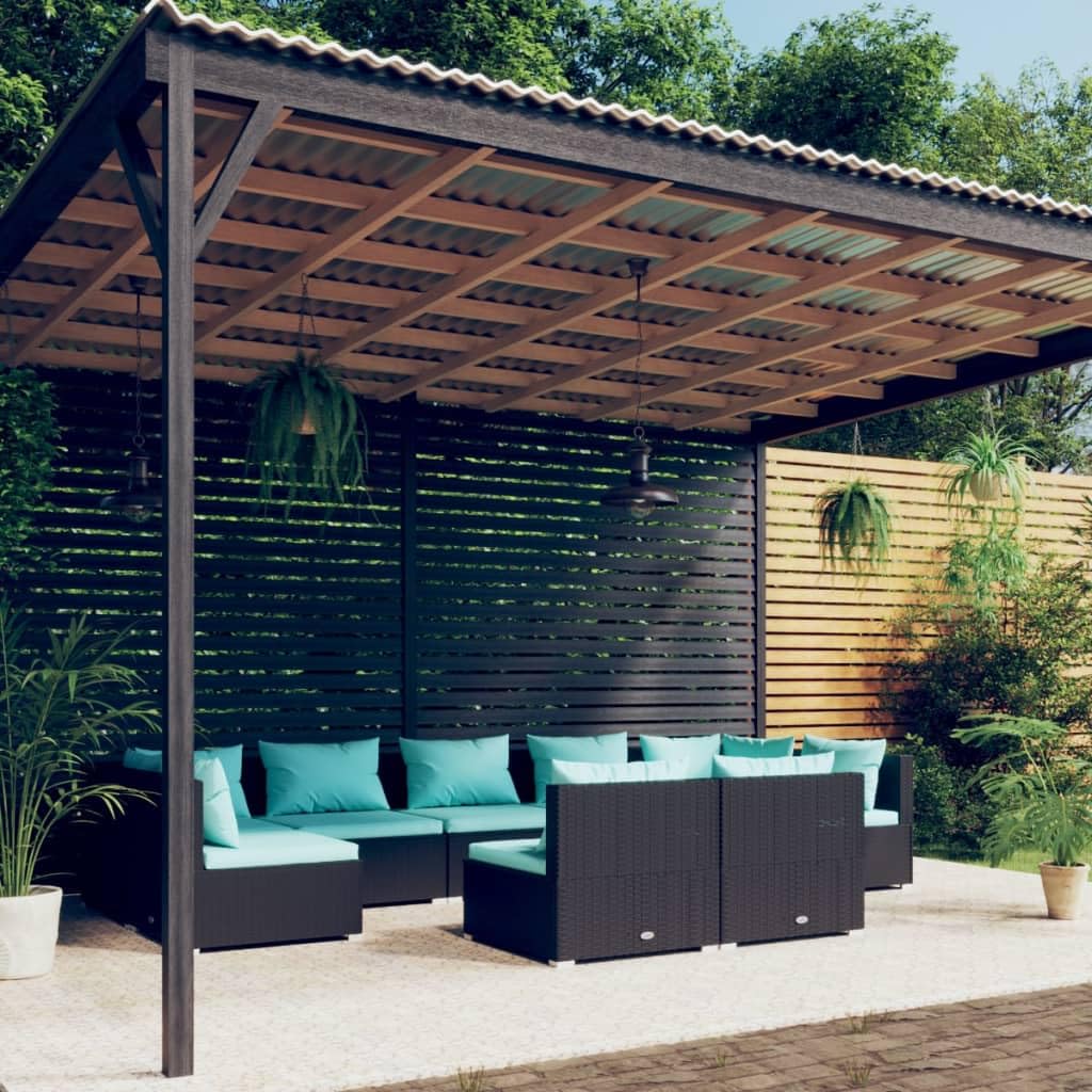 vidaXL 9 Piece Patio Lounge Set with Cushions - Black Poly Rattan Outdoor Sectional Sofa, Modular Design with Water-Resistant Material & Comfortable Cushions, Suitable for Garden, Deck, Poolside