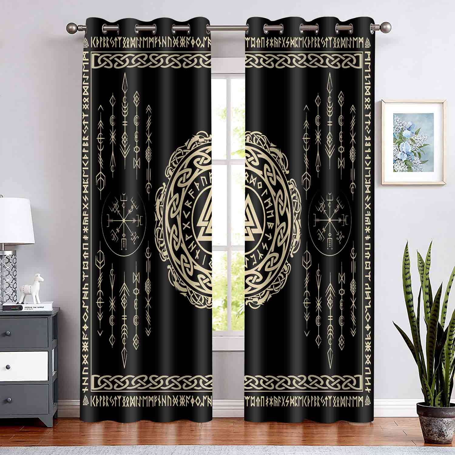 Bsppti Nordic Vikings Print Curtain, Viking Valknut Scandinavian Curtains Room Darkening Thermal Insulated Blackout Window Drape