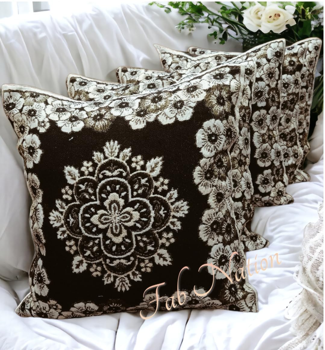 Fab Nation Cushions | Cushion Covers Set Of 5 | 16X16 Inch | Brown Cotton Handloom Cushion Covers | Embroidered Floral Design Fo