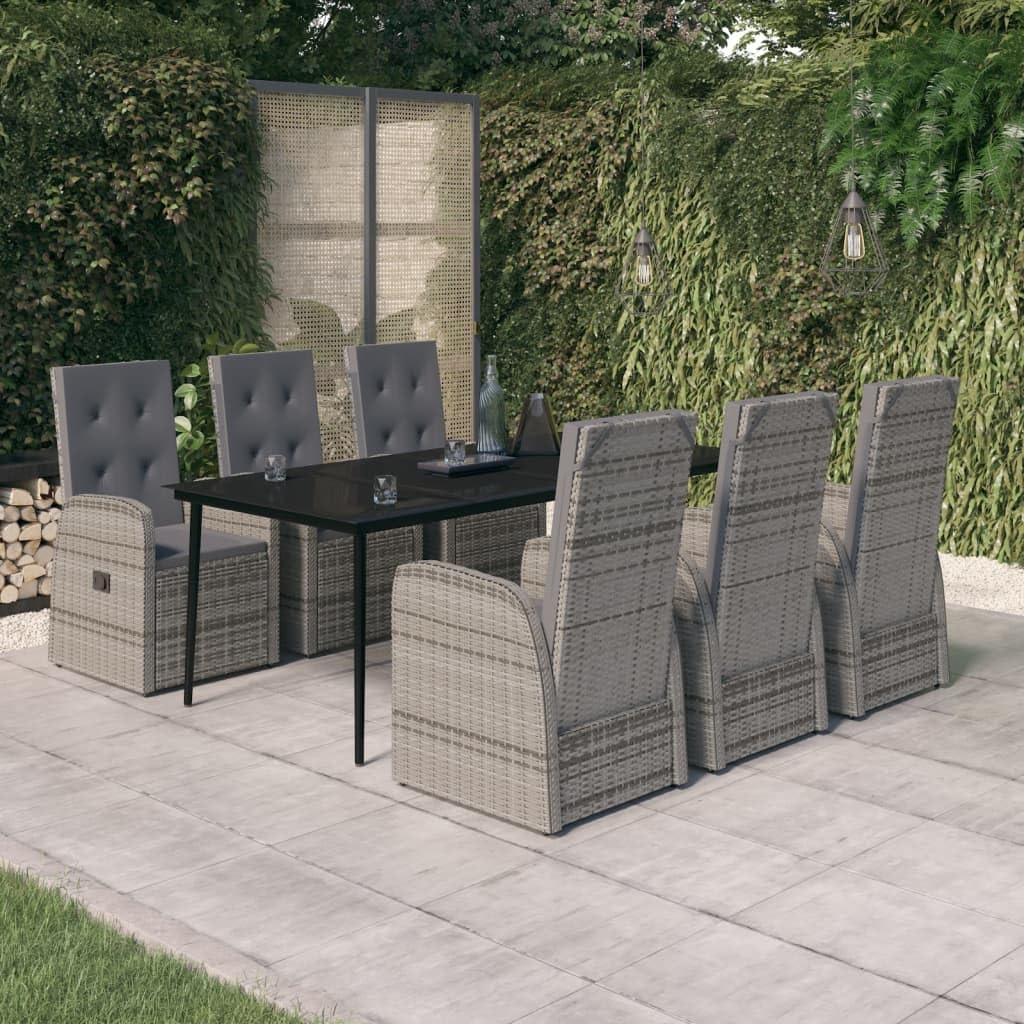 vidaXL 7-Piece Outdoor Patio Dining Set with Cushions, PE Rattan Wicker, Weather-Resistant, Low-Maintenance, Stylish Design, Reclining Chairs, Glass Top Table - Gray and Black