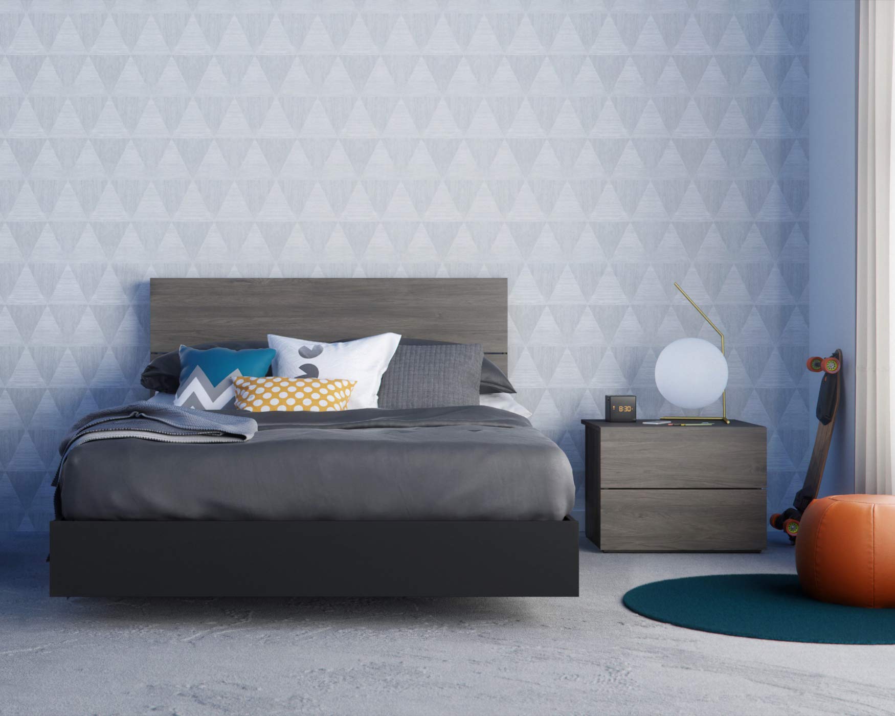 Nexera 3-Piece Bedroom Set with Bed Frame, Headboard & Nightstand, Full|Bark Grey & Black