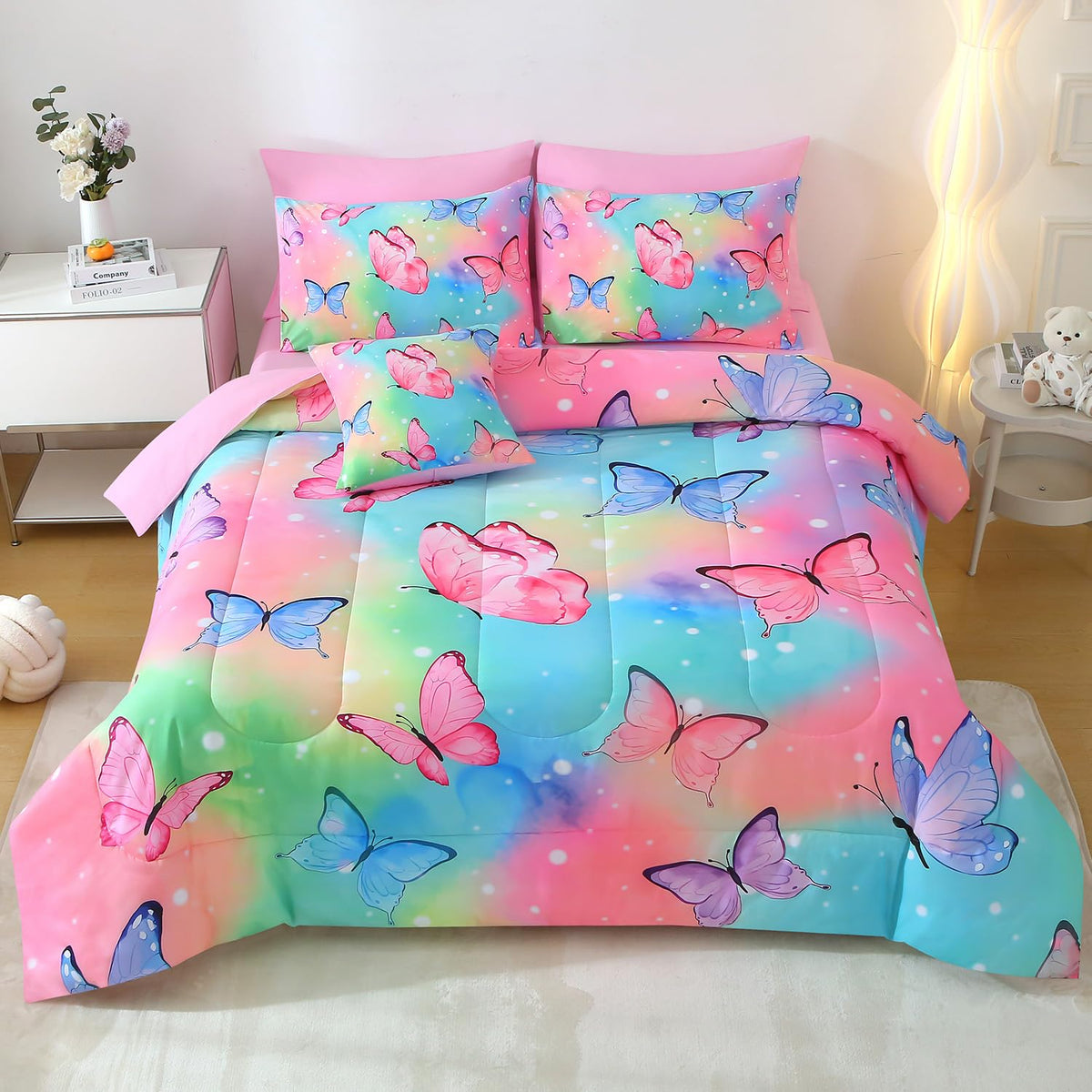 Jqinhome 8 Pc Butterfly Comforter Set Queen, 3D Rainbow Butterfly Bedding Set For Girls Women,All Season Microfiber Butterfly De