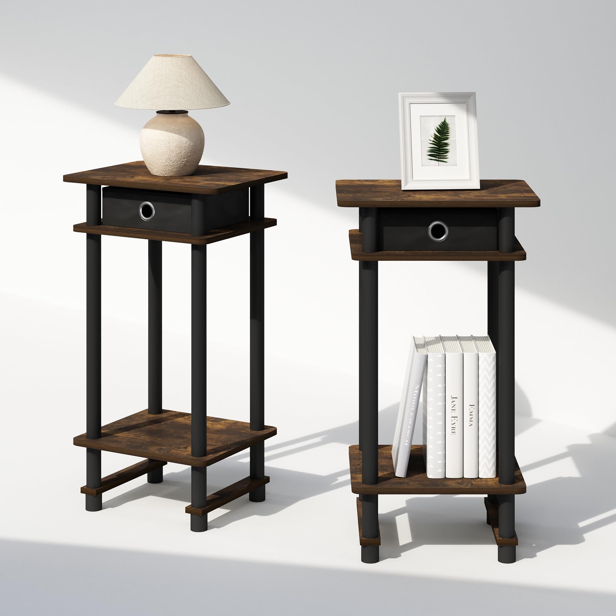 Furinno Turn-N-Tube Tall Nightstand With Bin, 2-Pack, Plastic Poles, Amber Pine/Black