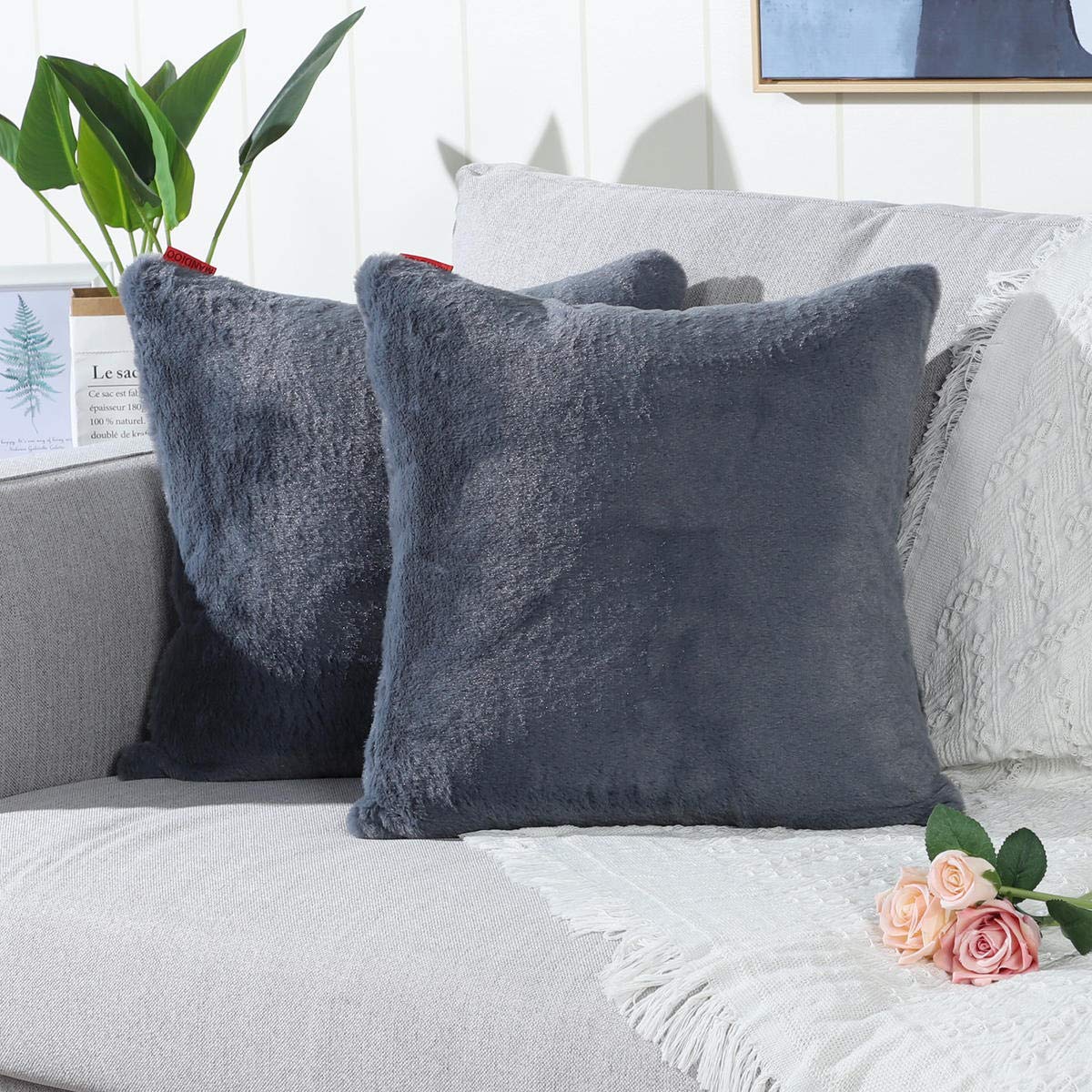 Mandioo Pack Of 2 Grey Faux Soft Fur Fuzzy Cozy Decorative Throw Pillow Covers Set Cushion Cases Pillowcases For Sofa Bedroom Ca