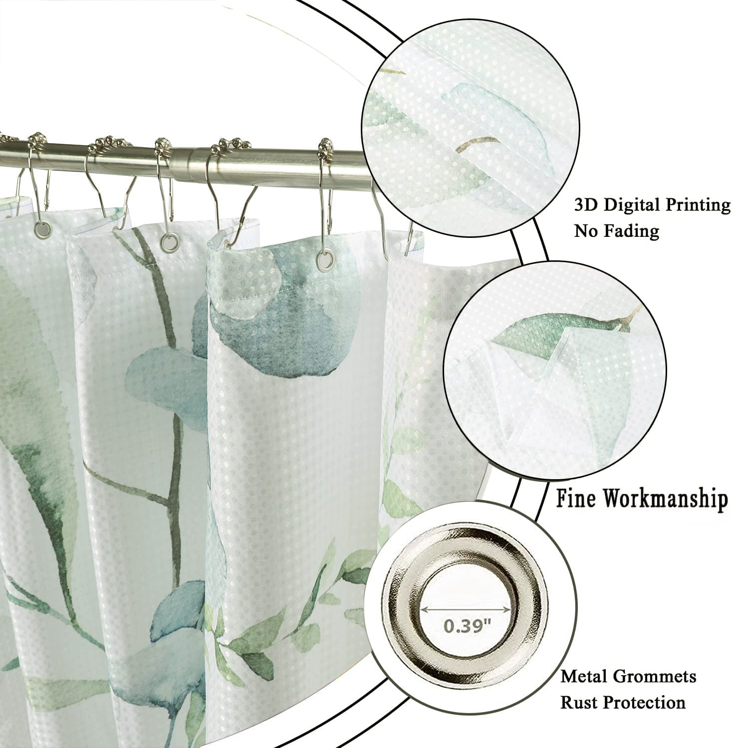 Gcirec Eucalyptus Leaf Waffle Shower Curtains, Weighted Bottom Sage Green Spring Watercolor Botanical Plants Textured Fabric Bat