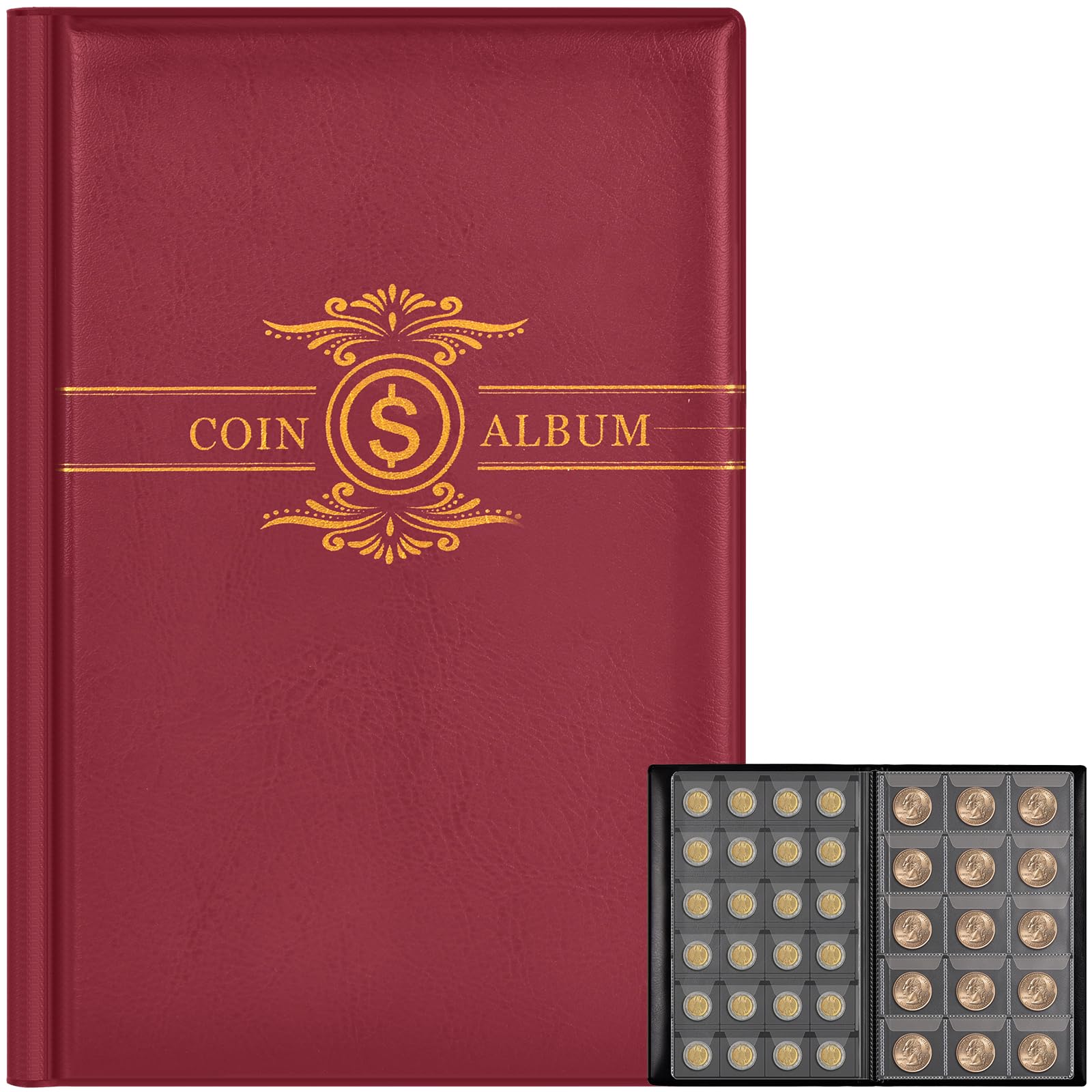 Coin Collection Book Supplies Holder Album For Collectors, 300 Pockets Pressed Coin Sleeves Display Storage Case For Multi-Coins