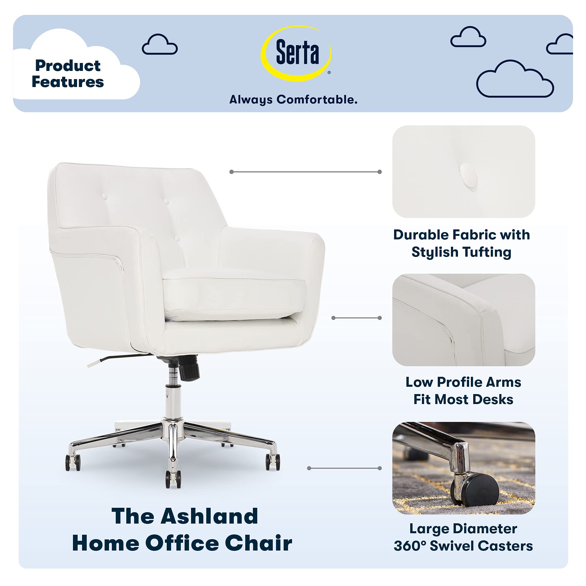 Serta Ashland Home Office Desk Chair With Button Tufted Back, Memory Foam Cushion And Padded Arms, Mid Century Modern Vanity Armchair With Wheels For Bedroom, Chrome Metal Base, White