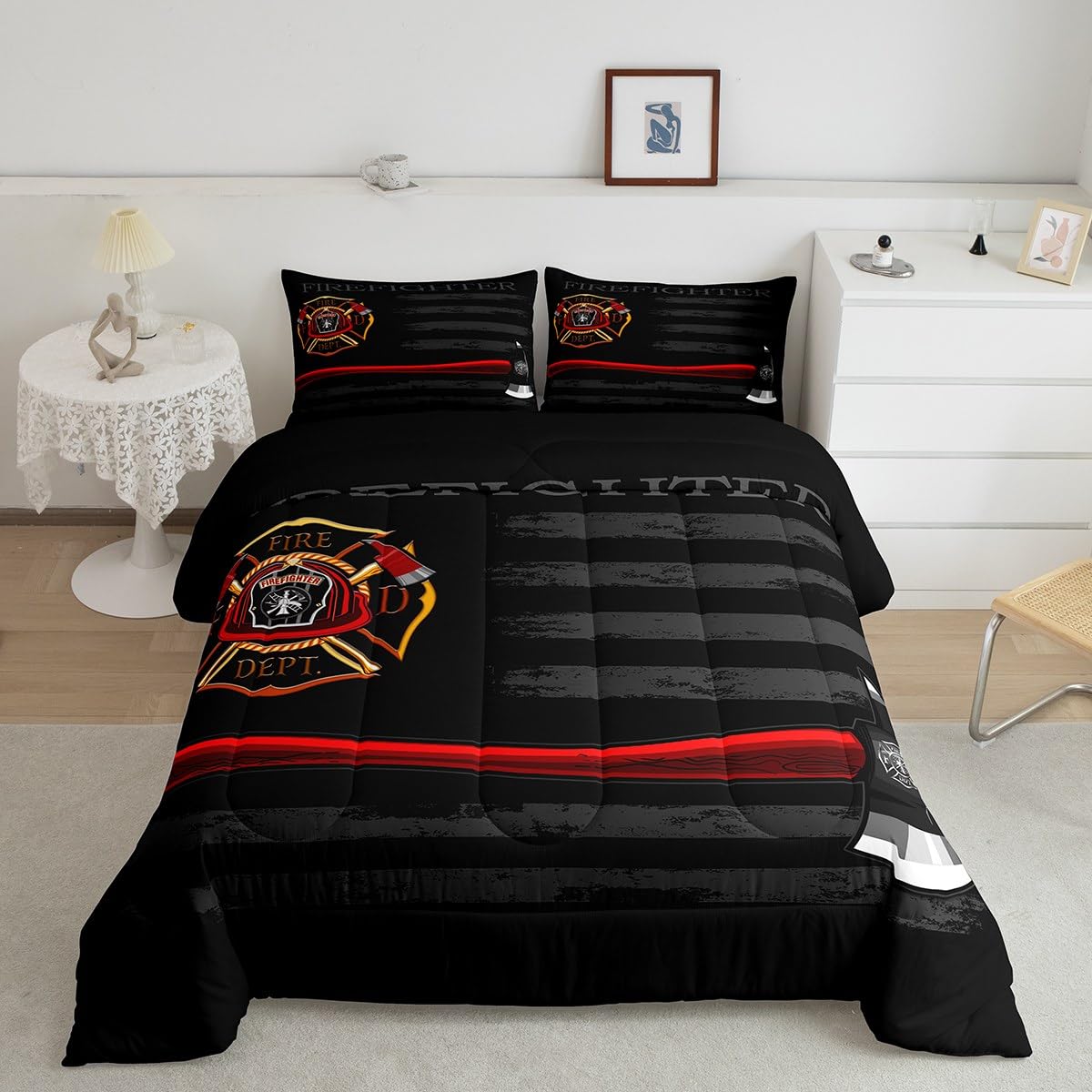 Firefighter Comforter Set King Size,American Flag Geometric Stripes Bedding Set,Boys Girls Adults Room Decor,Fire Fighting Truck