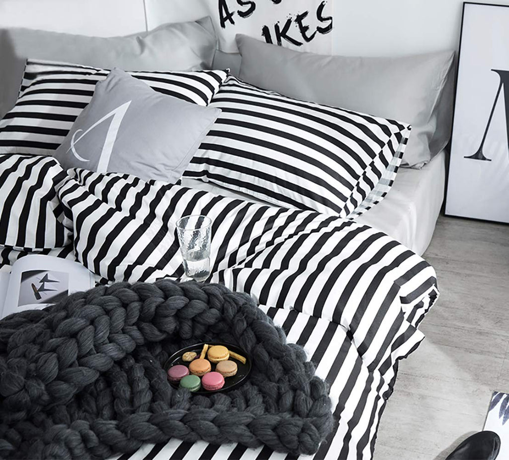 Karever White And Black Stripes Comforter Set Cal King Women Bedding Set Soft Durable White Striated Bedding Set Black Stripes C