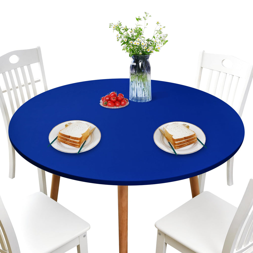 Newisher Round Fitted Table Cover Spandex Stretch Tablecloth Blue Table Top Cover With Elastic Edged For Dining Picnic Patio 48 Inch