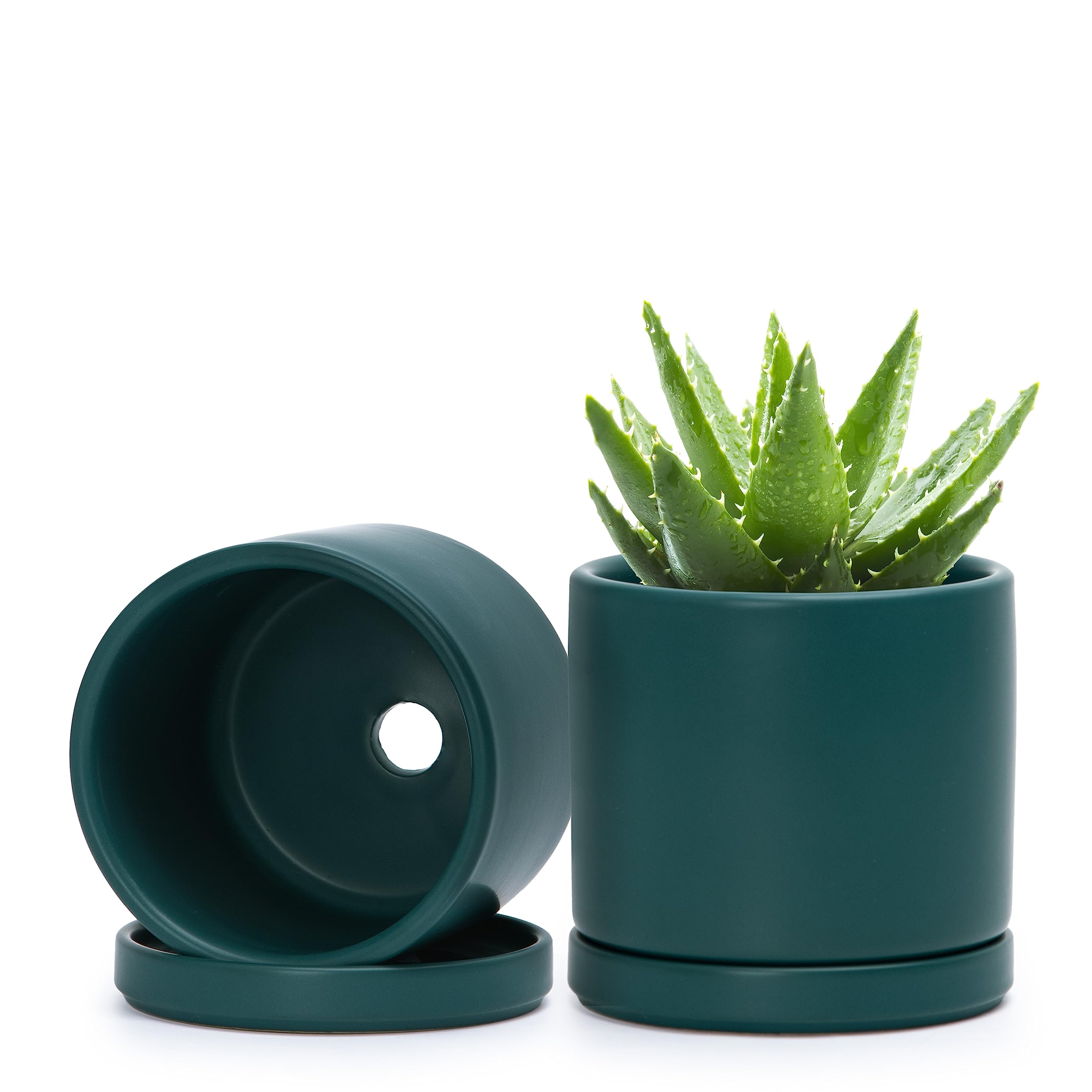 D'Vine Dev Set Of 2 Plants Pot, 4.6 Inch Ceramic Planter Pot For Plants With Drainage Hole And Saucer, Teal, 94-V-Xs-9