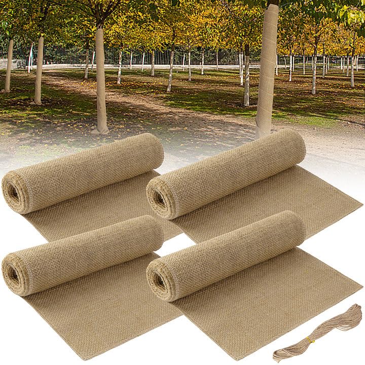 4 Rolls Natural Burlap Tree Wrap Rolls- 10In X 10Ft Burlap Fabric Tree Trunk Protector- Burlap Plants Wrap Bandage With Ropes- F