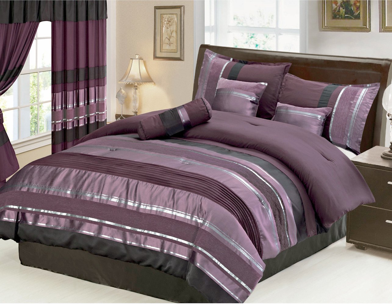 7 Piece Oversize Eggplant Purple / Black Silver Stripe Chenille Comforter Set 106 X 94 King Size Bedding By Grand Linen