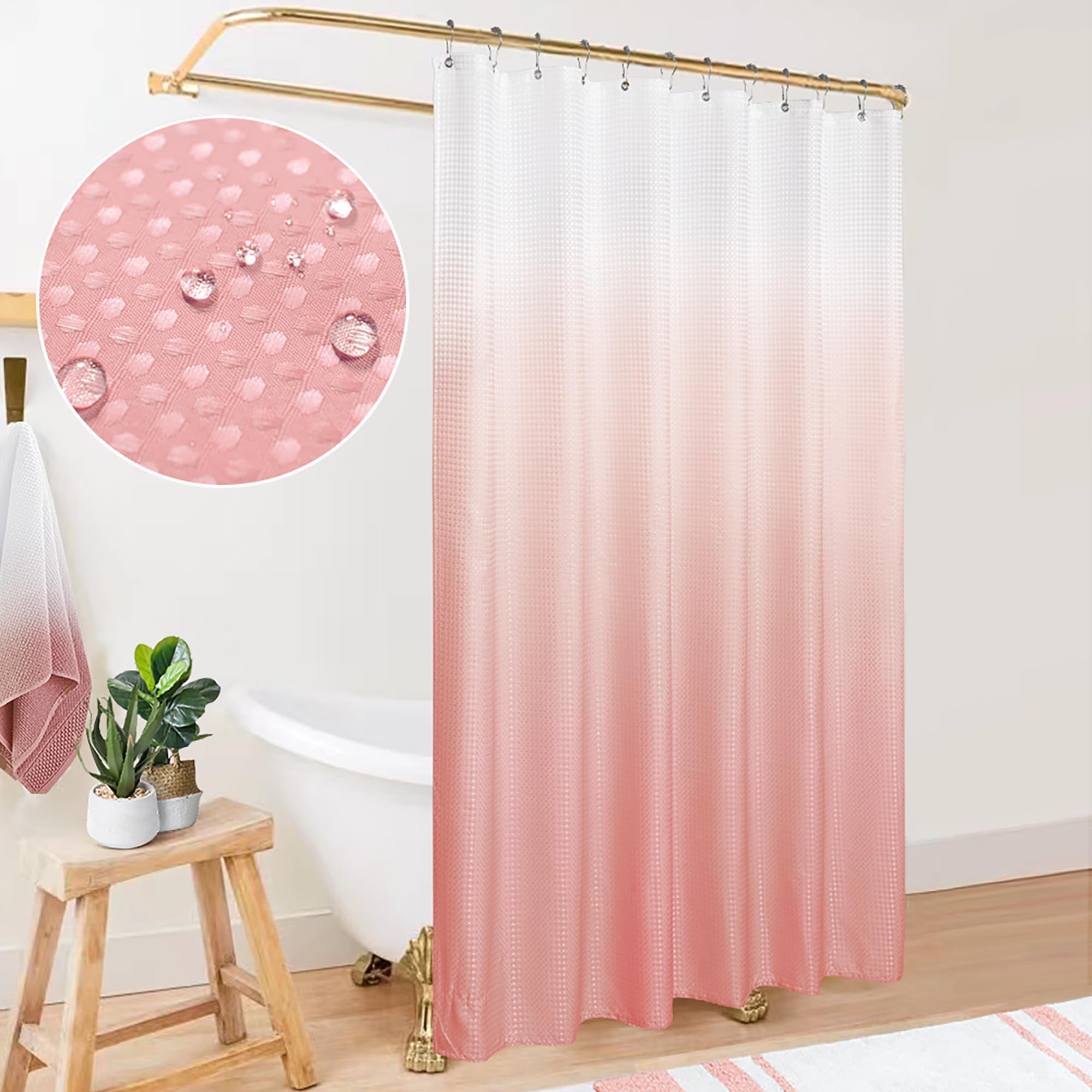 Mrs.Naturall Pink Blush Shower Curtains for Bathroom Cute Teen Girls Kids Shower Curtain Sets White and Pink Boho Ombre Rose Gol