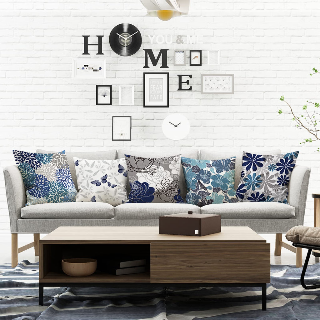 Comminy Blue Grey Pillow Covers 18X18 Set Of 6 Decorative Daisy Flower Throw Pillow Cover For Couch Modern Pillow Case For Patio