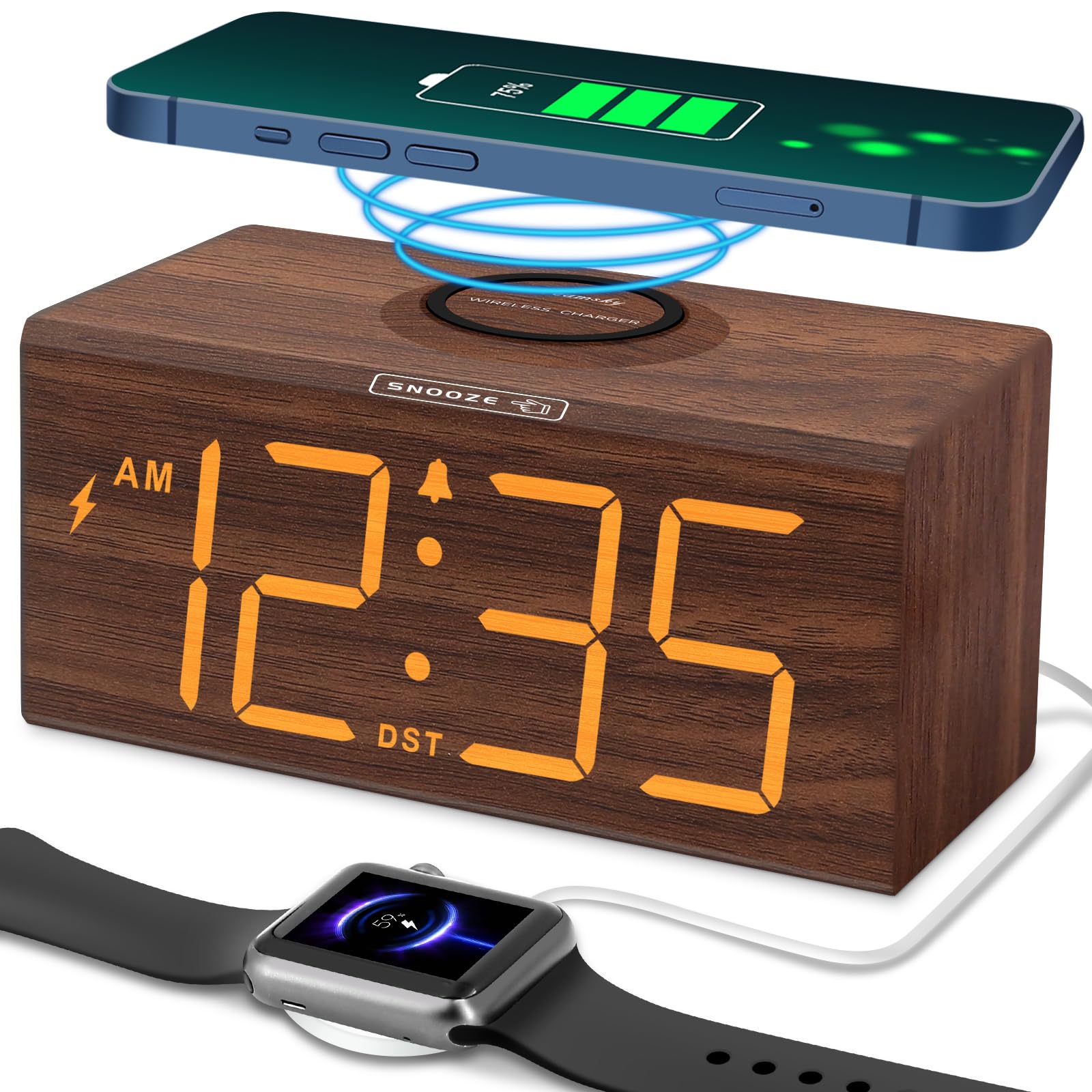 DreamSky Wooden Digital Alarm Clock with Wireless Charging for Bedroom, Bedside Nightstand Clock with Charger Station, USB Port,