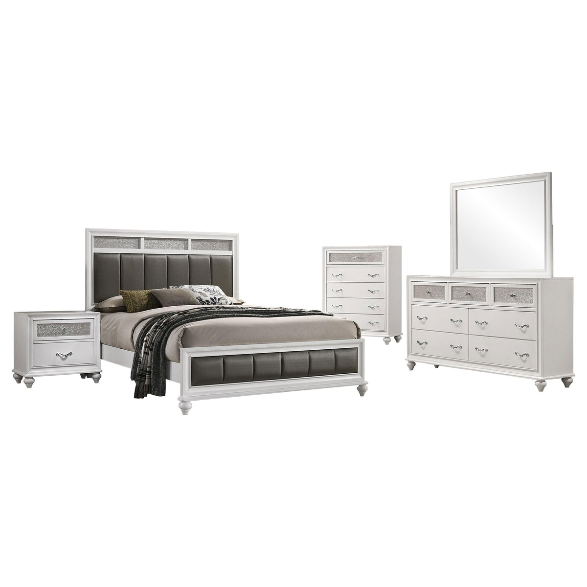 Coaster Home Furnishings Barzini Modern Classic 5-Piece Bedroom Set Leatherette Upholstered Queen Size Panel Bed Frame 56-inch Headboard White 205891Q-S5