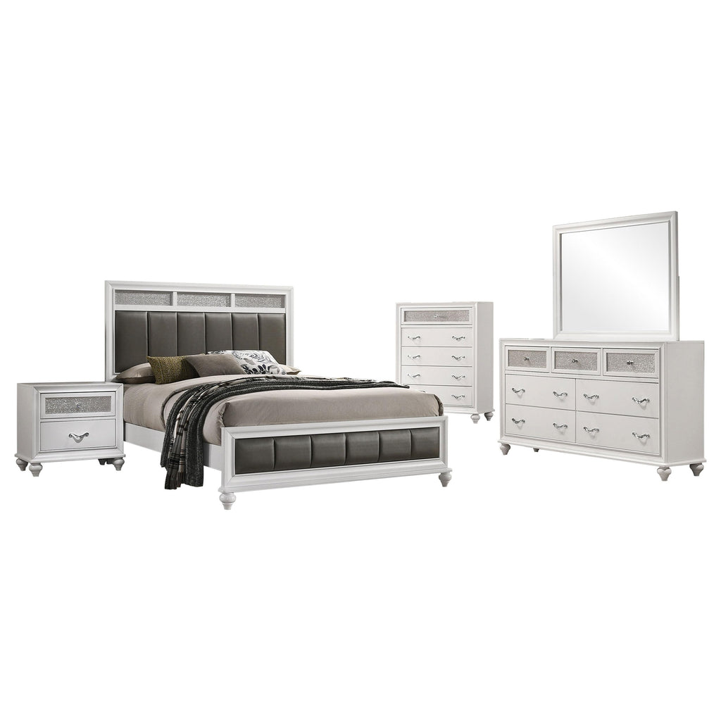 Coaster Home Furnishings Barzini Modern Classic 5-Piece Bedroom Set Leatherette Upholstered California King Size Panel Bed Frame 56-inch Headboard White 205891KW-S5