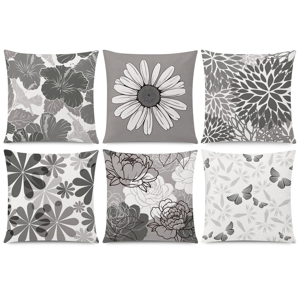 COMMINY Grey Pillow Covers 18x18 Set of 6 Decorative Daisy Flower Throw Pillow Cover for Couch Modern Cushion Cover for Patio Li