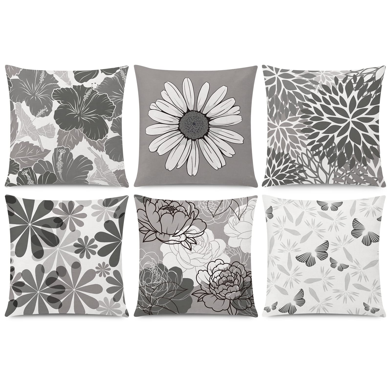 COMMINY Grey Pillow Covers 18x18 Set of 6 Decorative Daisy Flower Throw Pillow Cover for Couch Modern Cushion Cover for Patio Li