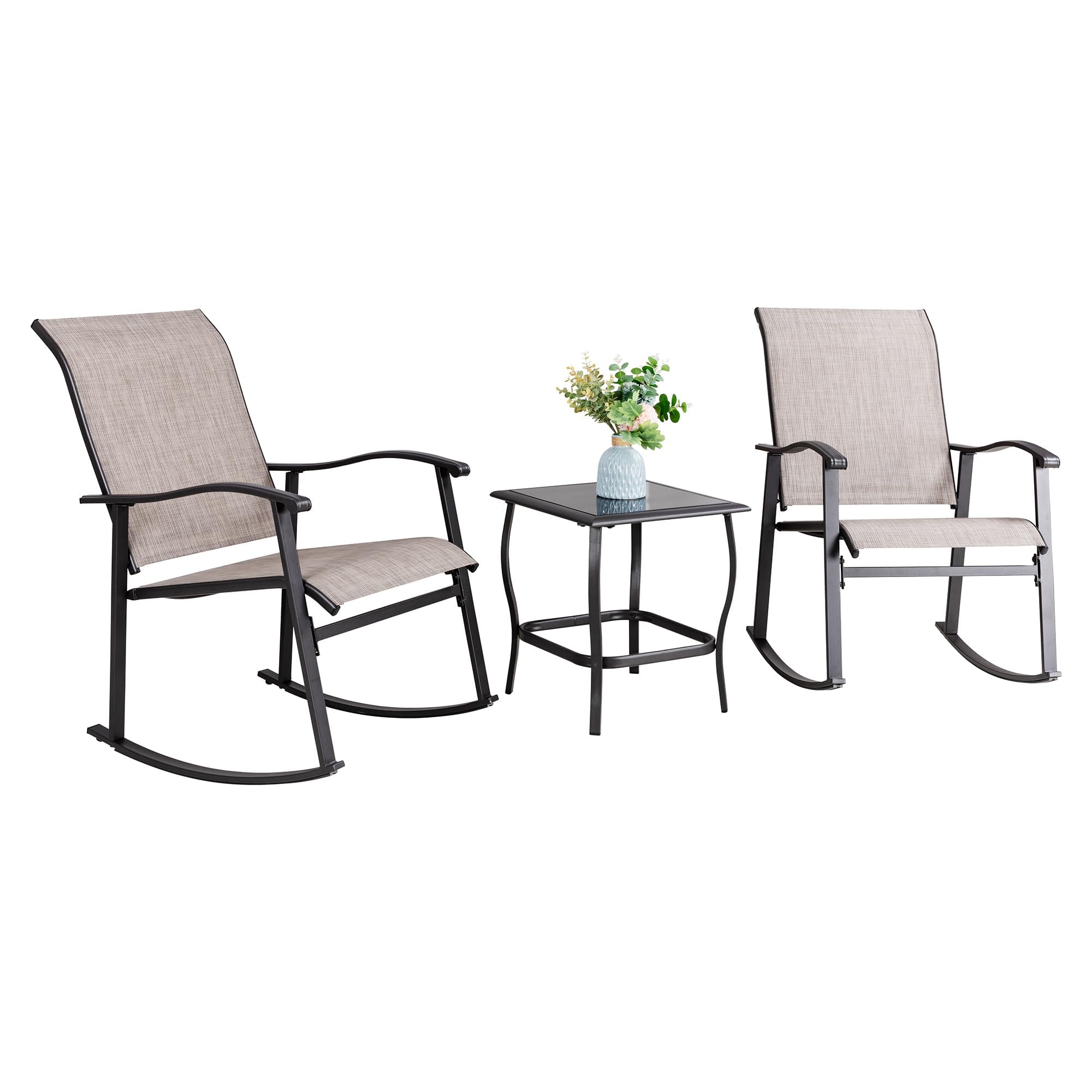 Vongrasig 3 Piece Outdoor Rocking Bistro Set, Textilene Fabric Small Patio Furniture Set, Front Porch Rocker Chairs Conversation Set With Glass Table For Lawn, Garden, Balcony, Poolside (Taupe)