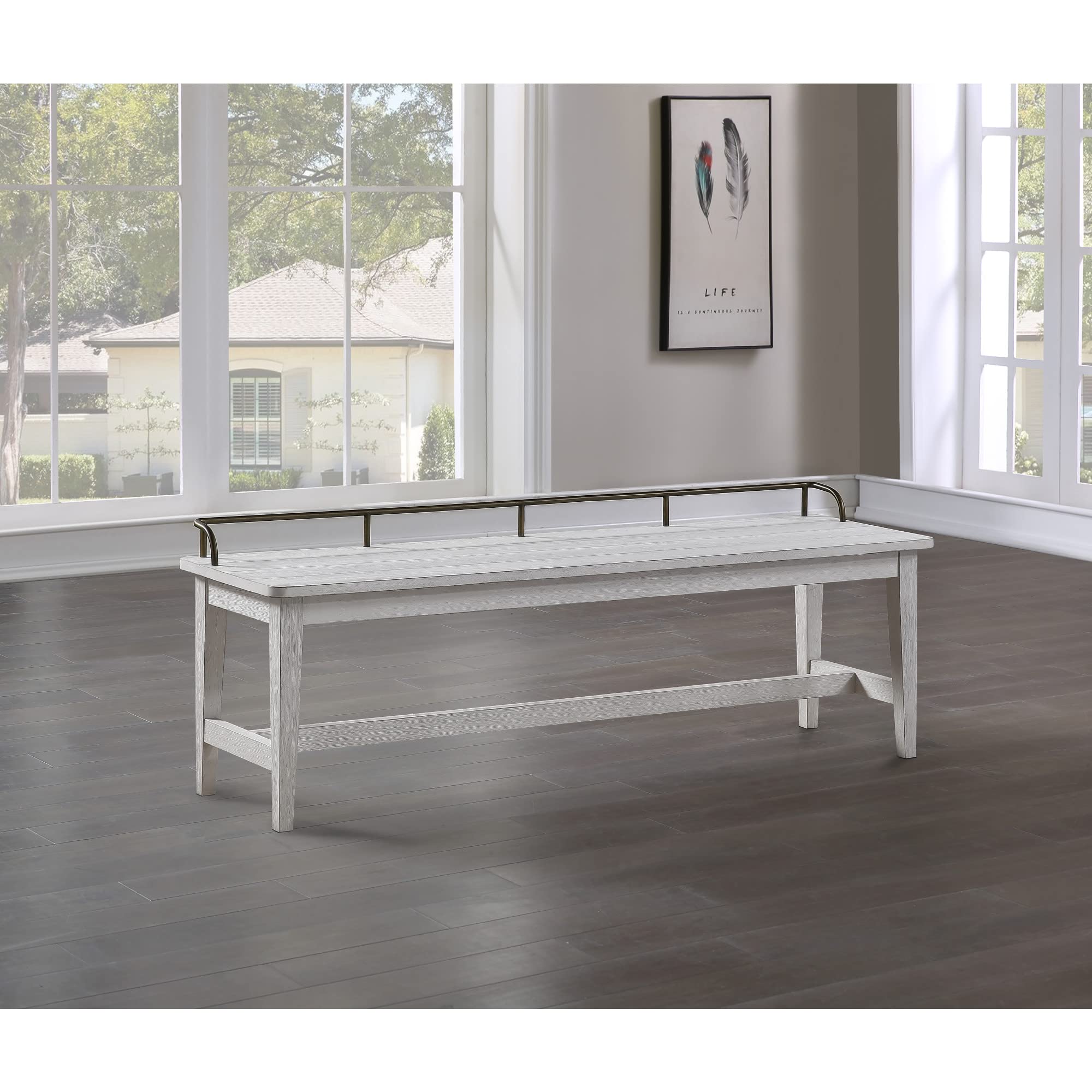 Steve Silver Pendleton Dining Bench, Solid Asian Hardwoods, Brass Finish Galley Rail, Mud Room or Bedroom, 60" L x 17" W x 21" H, Ivory