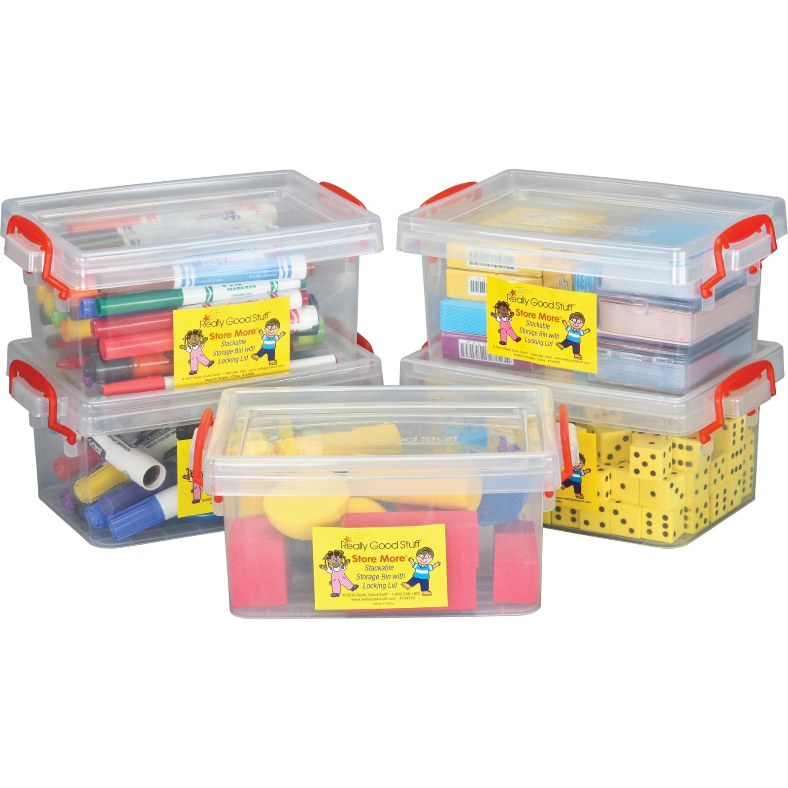 Really Good Stuff Small Clear Plastic Stackable Storage Tubs with Locking Lid - Red Handles Lock Lid in Place - Hold Supplies, M