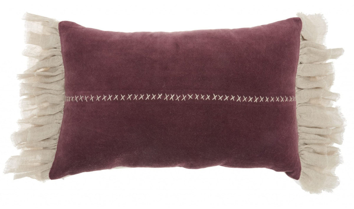 HomeRoots Grey Cotton Wide Tasseled Marble Maroon Lumbar Pillow