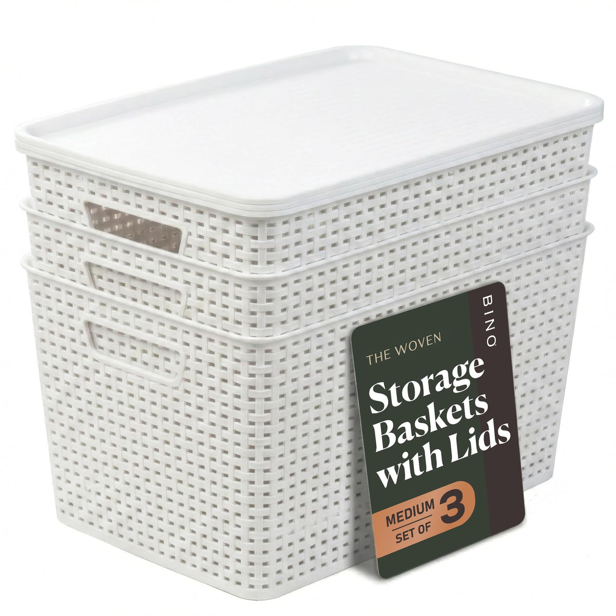 BINO | Plastic Storage Baskets with Lids, 22 Liter  3 Pack, White | THE WOVEN COLLECTION | Storage Basket for Shelves | Woven S