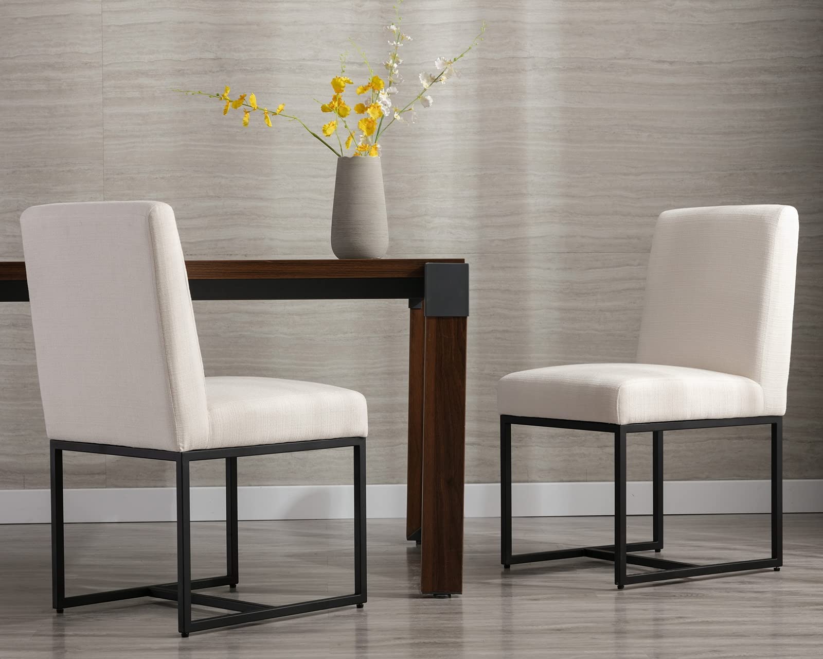 Cimota Modern Linen Dining Chair Set Of 2, Mid Century Dining Room Chairs Fabric Upholstered Armless Side Chair With Black Sled