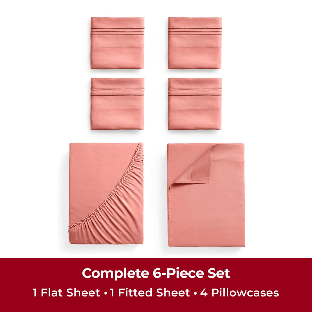 Mellanni Queen Sheet Set - 6-Piece Iconic Collection Bedding, (Including 4 Pillowcases), 16-Inch Deep Pocket, Easy Care, Extra Soft, Cooling Sheets, Brushed Microfiber - Coral