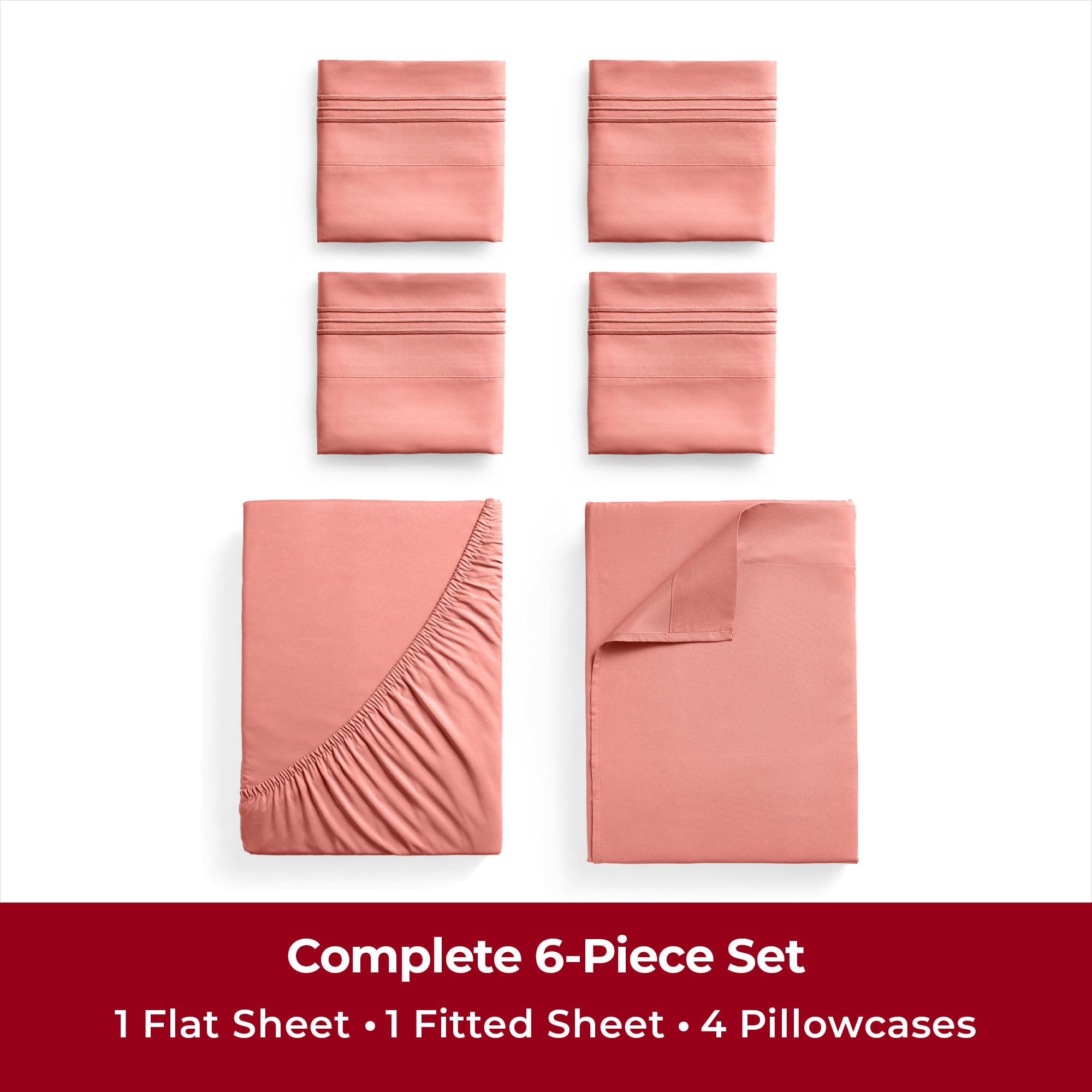 Mellanni Queen Sheet Set - 6-Piece Iconic Collection Bedding, (Including 4 Pillowcases), 16-Inch Deep Pocket, Easy Care, Extra Soft, Cooling Sheets, Brushed Microfiber - Coral