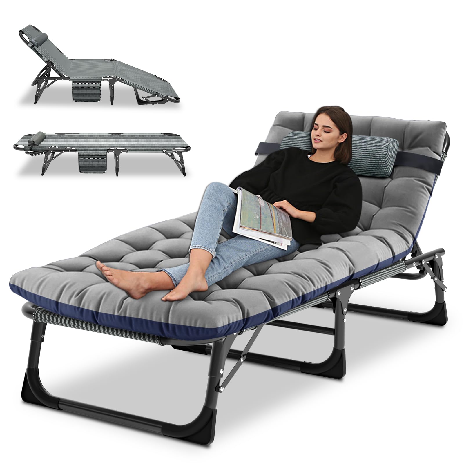 Camping Cot, Adjustable 4-Position Adults Reclining Folding Chaise with Pillow, Outdoor Portable Lounge Chair Sleeping Cots Bed,