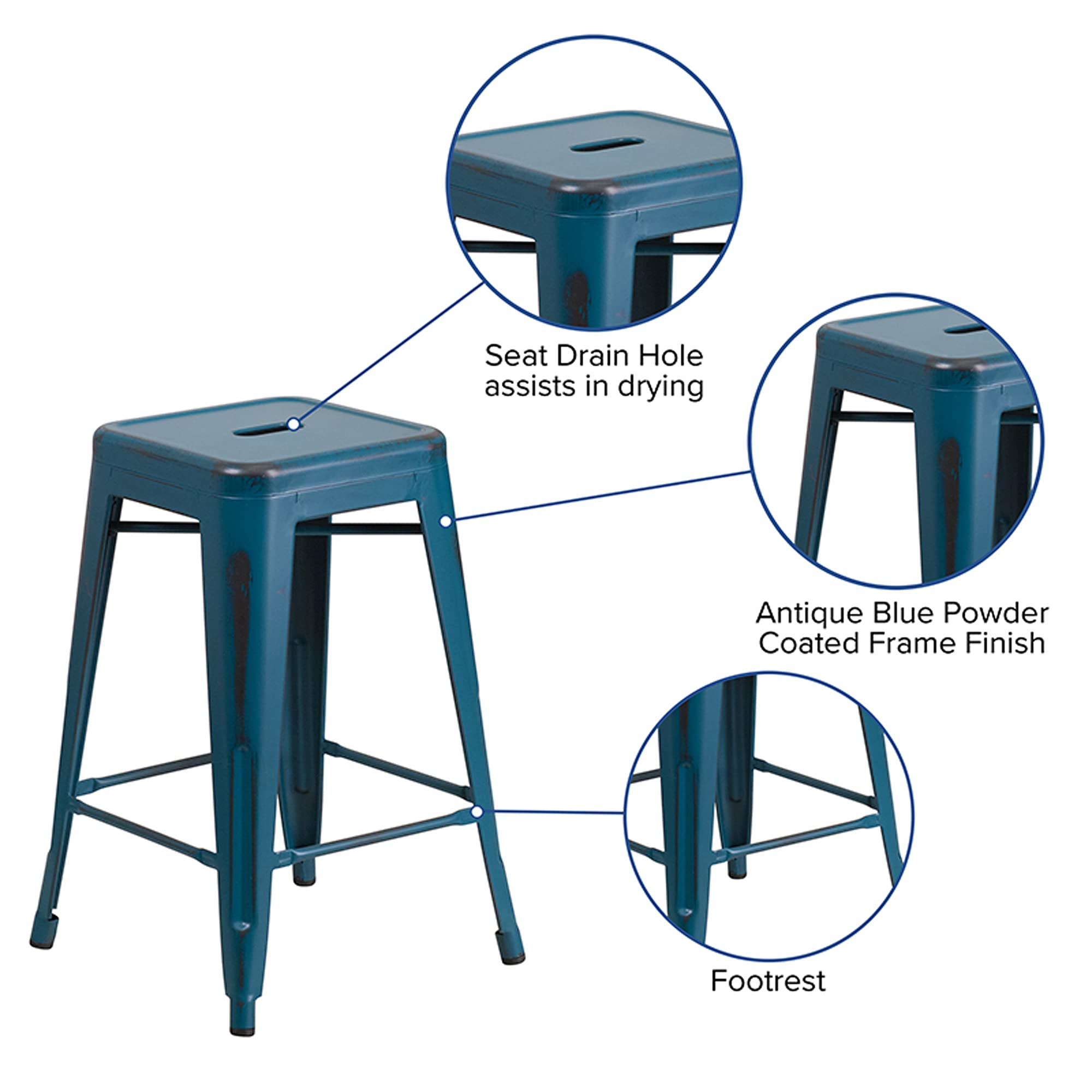 Flash Furniture Commercial Grade 24' High Backless Distressed Antique Blue Metal Indoor-Outdoor Counter Height Stool