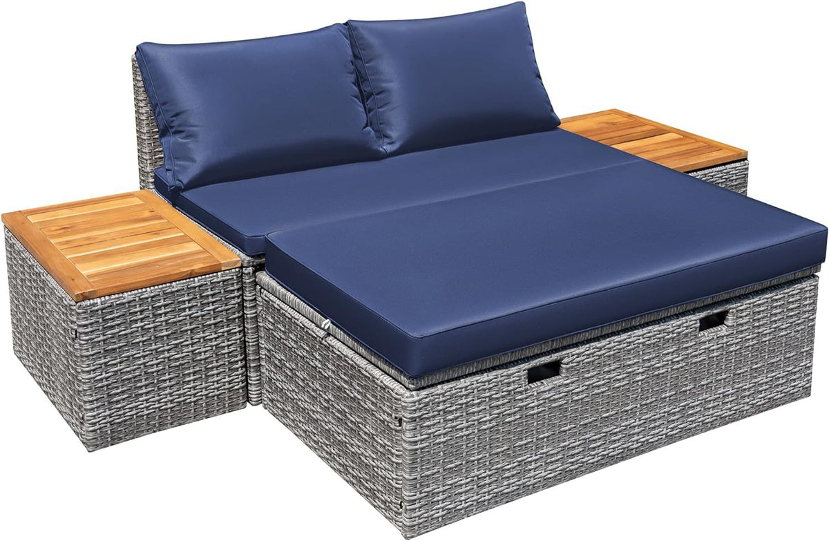 Devoko Patio Day Bed Outdoor Daybed Set Multifunctional Rattan Lounge Bed With 2 Side Tables For Backyard Porch Poolside Lawn Beach (Navy Blue)