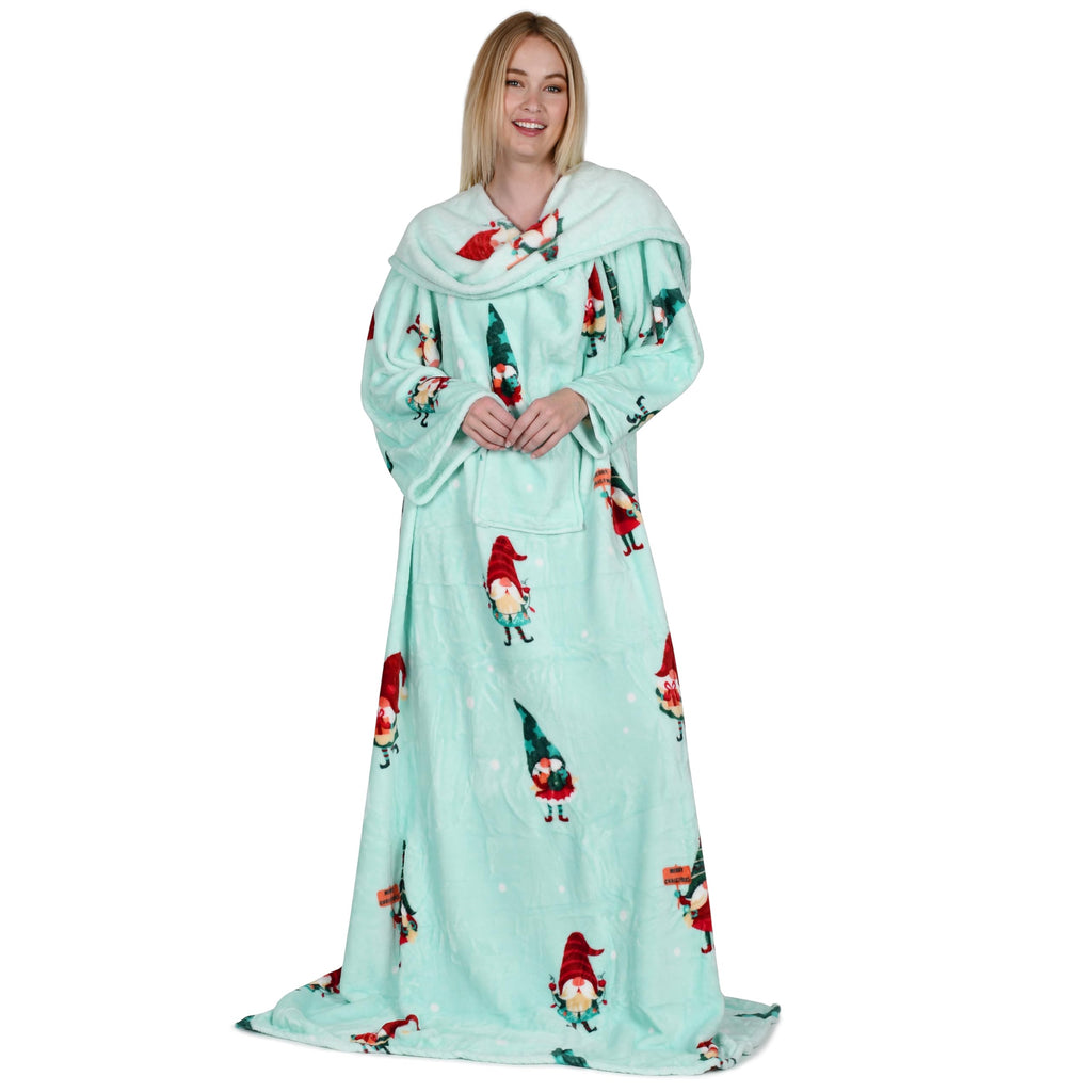 Catalonia Christmas Print Wearable Blanket With Sleeves And Pocket, Cozy Soft Fleece Mink Micro Plush Wrap Throws Blanket Robe For Women And Men