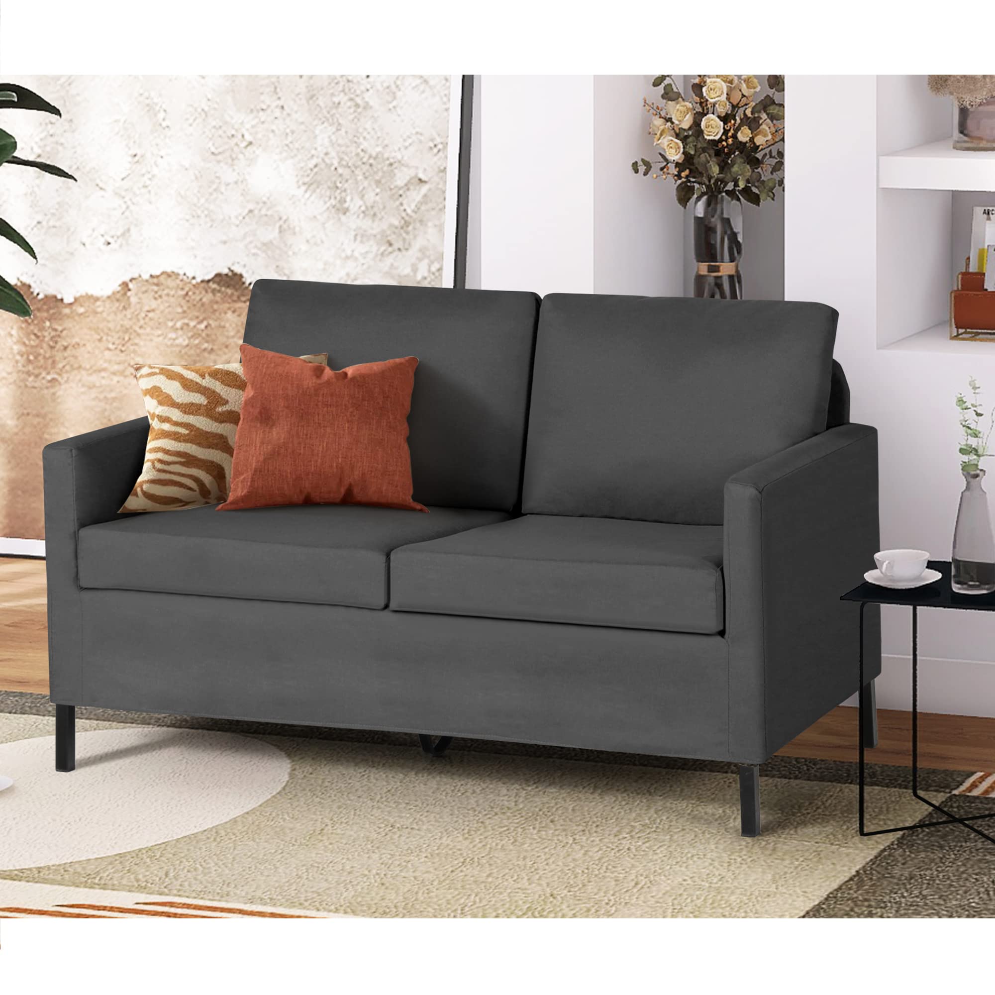 TYBOATLE Linen Fabric Modern Small Loveseat Sofa Couch for Living Room, 51 W Little Upholstered 2-Seater Mini Love Seats w/Iron 