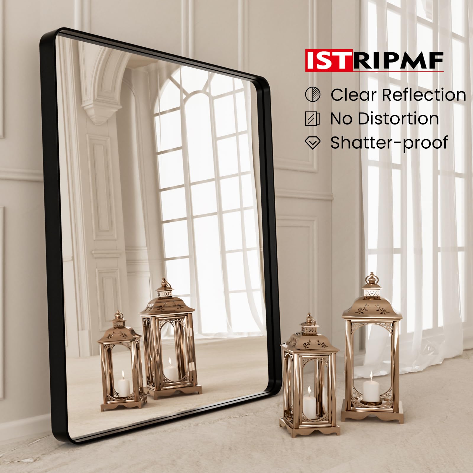 Istripmf Black Metal Framed Bathroom Mirror For Wall,28X32 Inch Rounded Rectangle Mirror,Matte Black Bathroom Vanity Mirror Farm