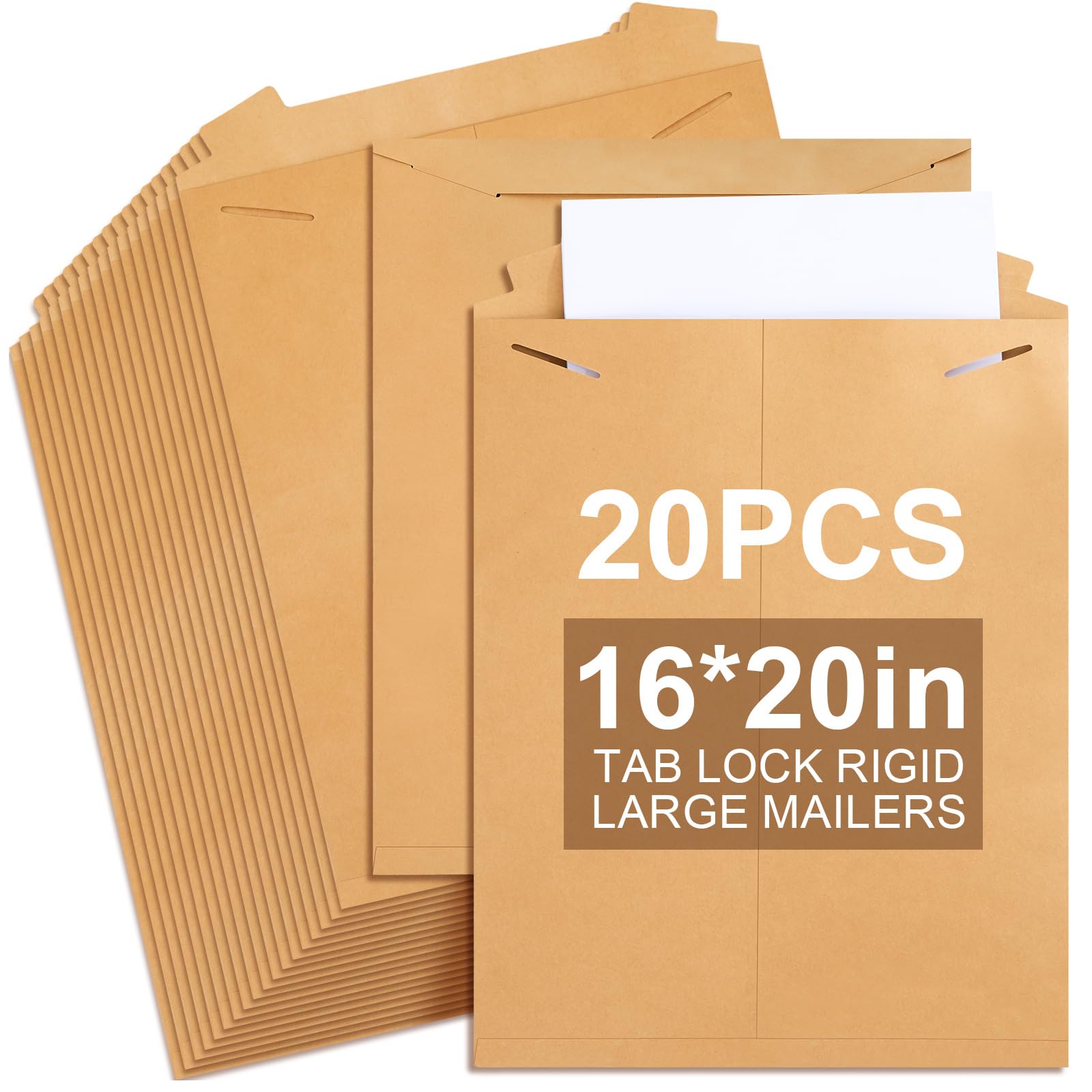 Weekgrat 20 Pack 16x20 in Tab Lock Rigid Mailers Extra Large Sturdy Keep Flat Mailers Cardboard Envelopes Kraft Paper 250 Gsm fo