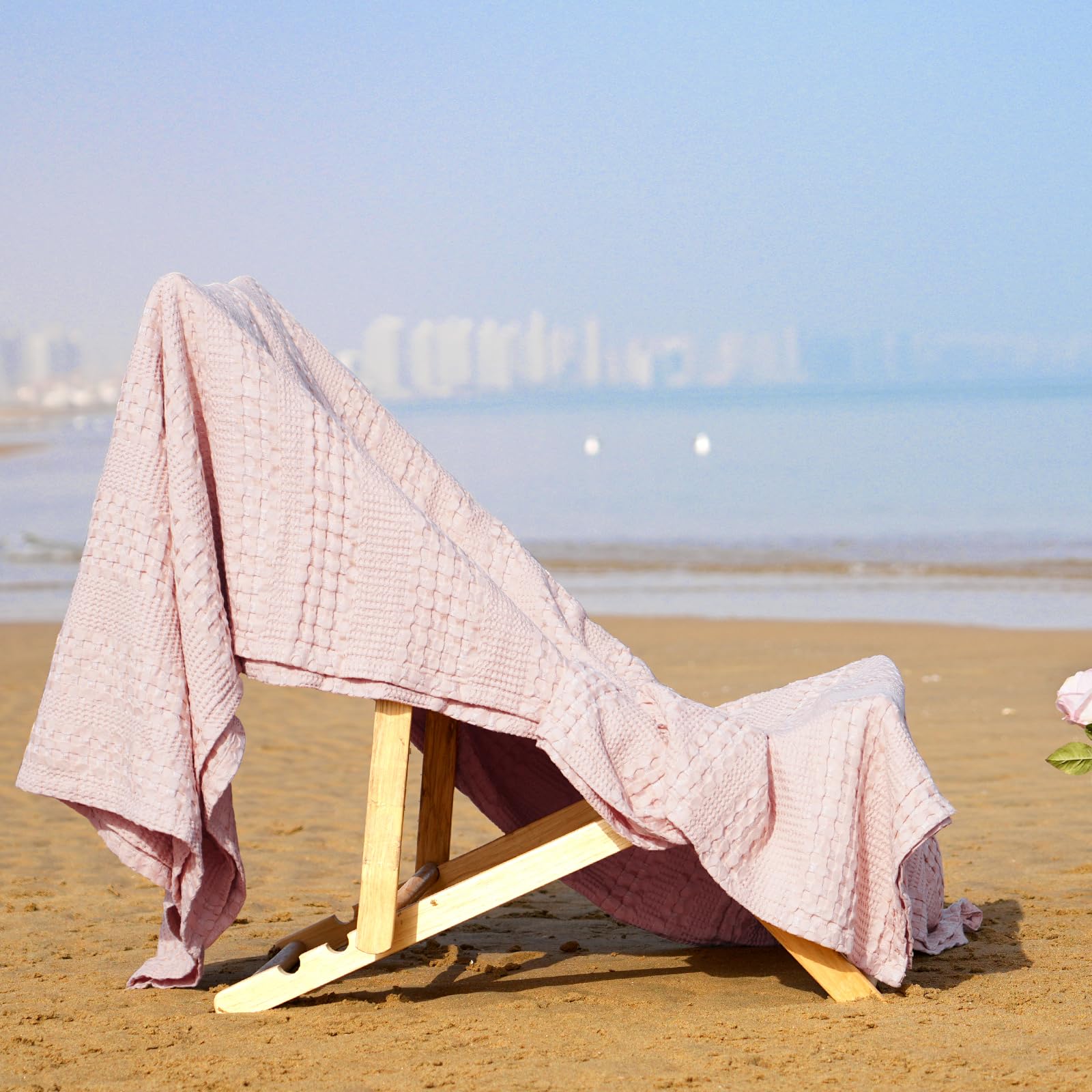 Phf Cooling Waffle Blanket Queen Size, Lightweight 60% Rayon Derived From Bamboo & 40% Cotton Breathable Blanket For Hot Sleepers, Soft And Luxury For Bed Couch And Sofa, 90'X90', Pink