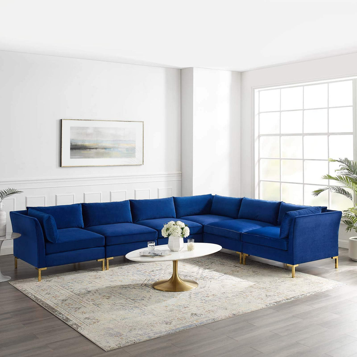 Modway Ardent Performance Velvet Sectional Sofa, 6 Piece L-Shape, Navy