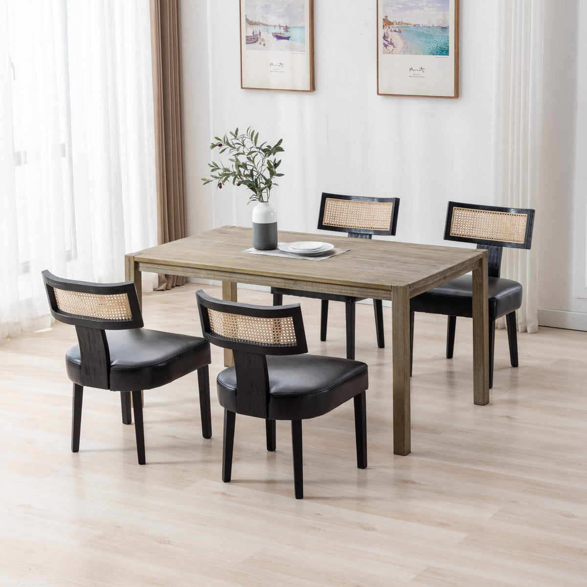 Rivova Mid-Century Modern Dining Chairs Set Of 4, Black, Upholstered Pu Leather With Rattan Back, 20.5'W X 22.75'D X 34'H