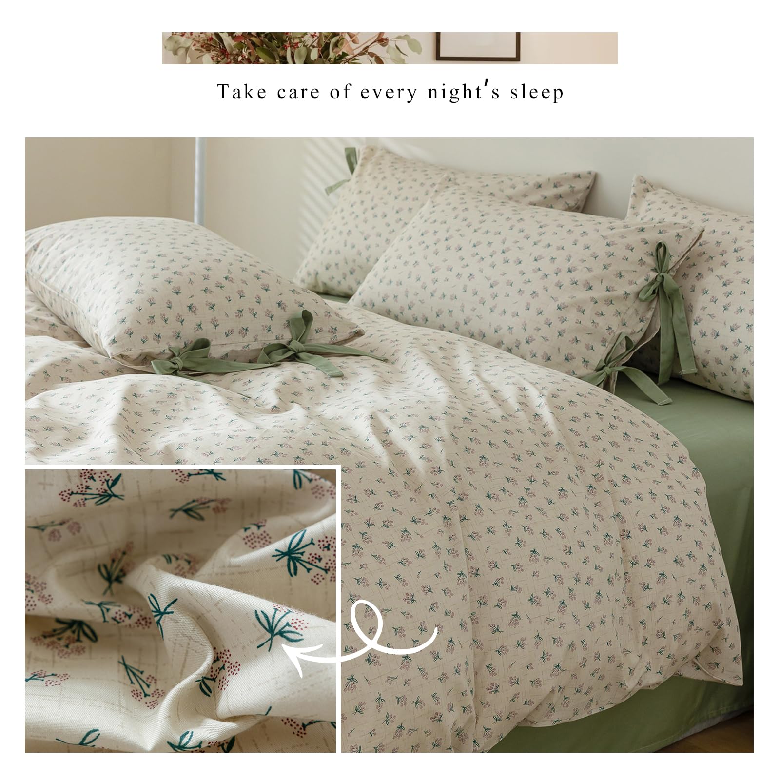 Cotton Duvet Cover King Chic Aesthetic Green Floral Comforter Cover Vintage Cottagecore Style Duvet Cover With 2 Bowknot Pillowc